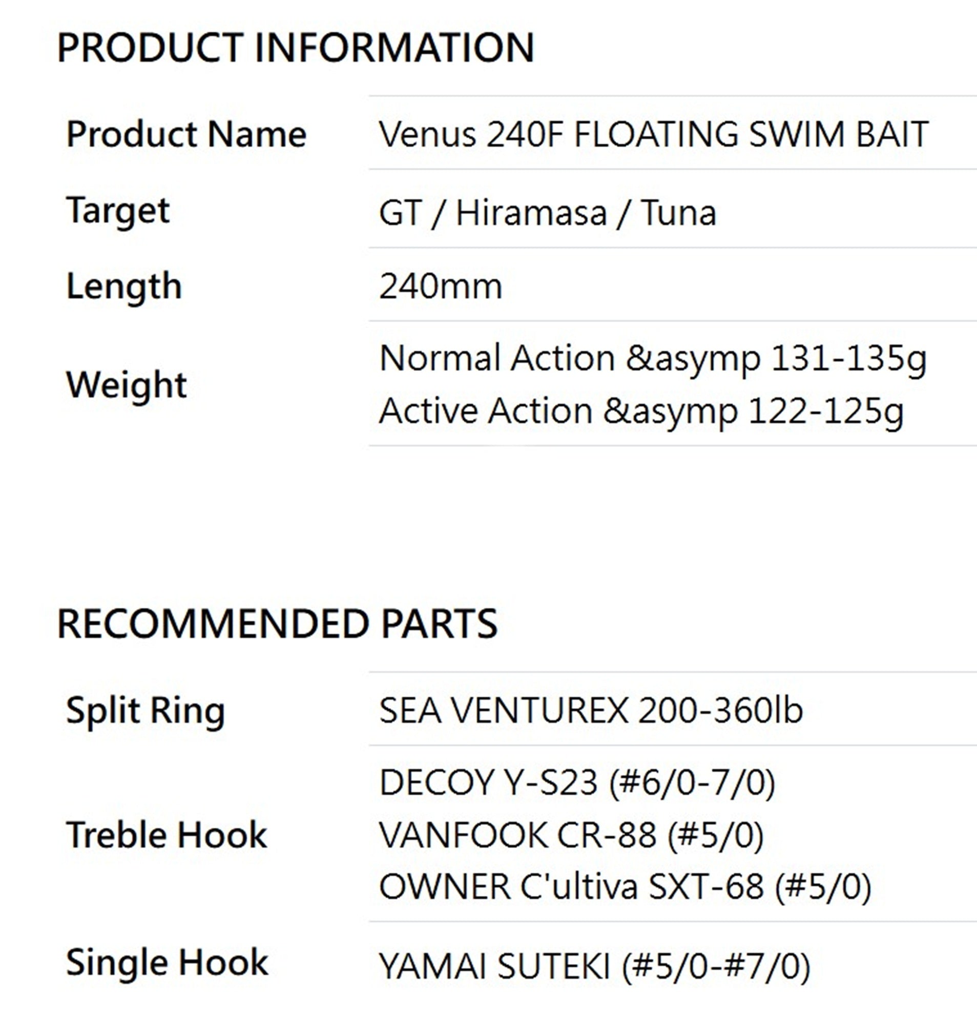 Sea VentureX Stickbait Venus 240F Active Floating Lure 125g Shiro (0783)