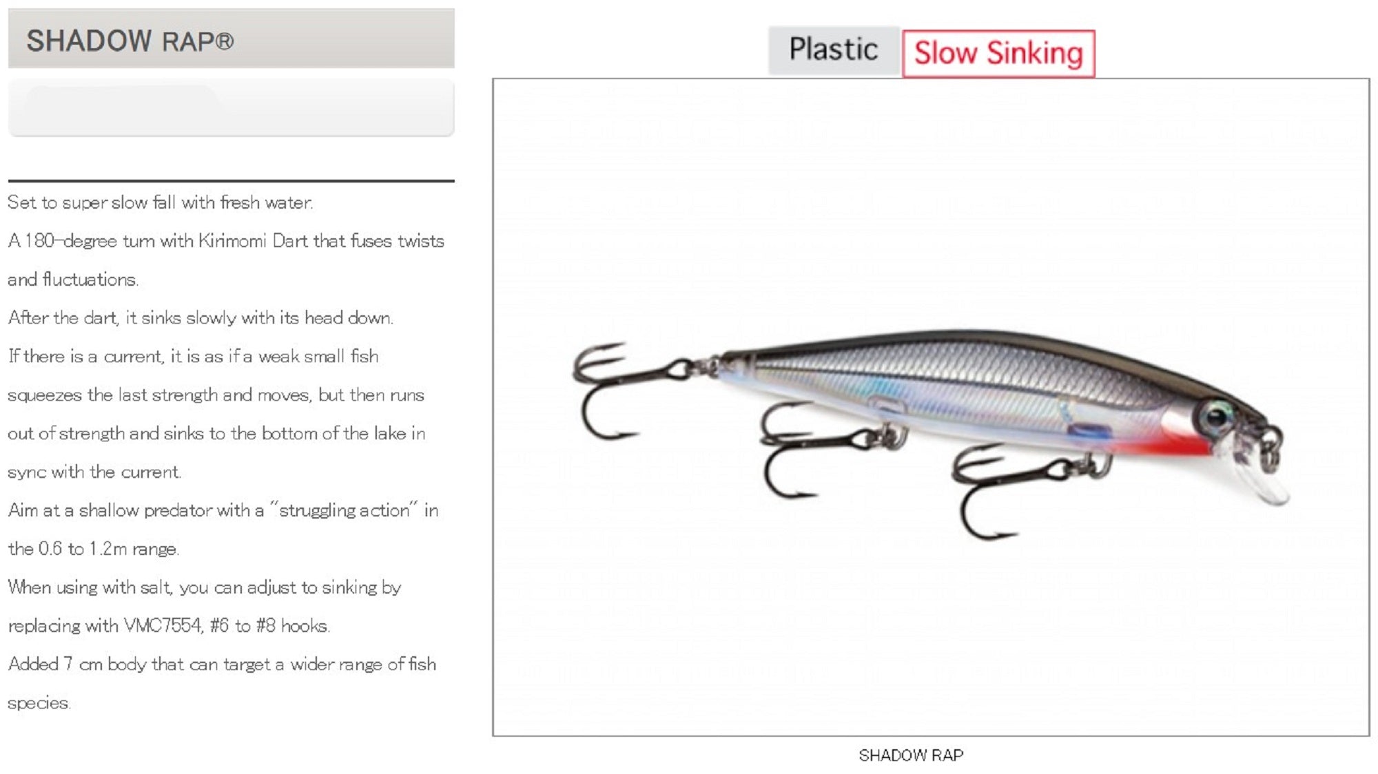 Rapala Shadow Rap Slow Sinking Lure SDR07/AS (9068)