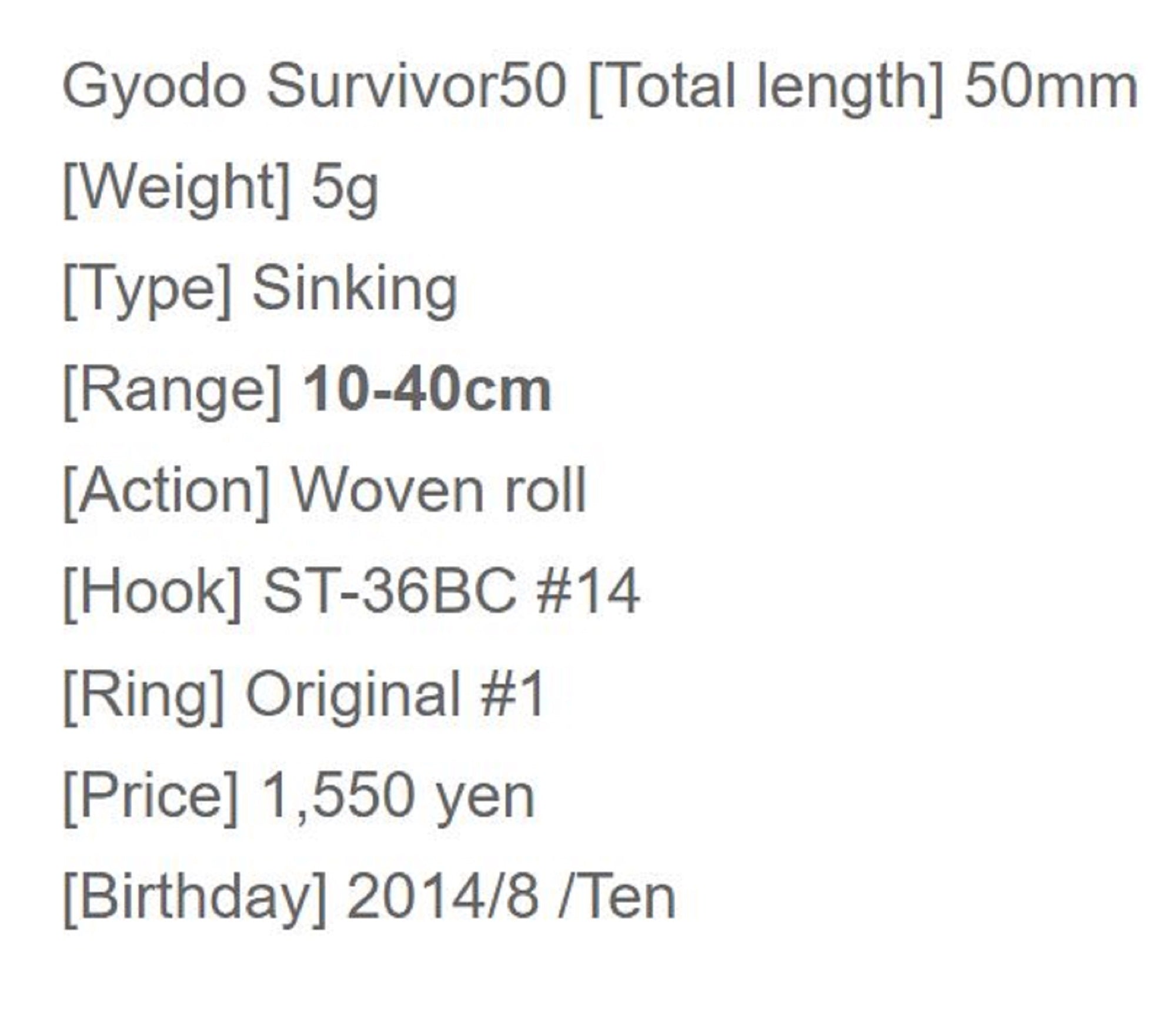 Ima Gyodo Survivor 50 Sinking Lure Y0183 (1142)