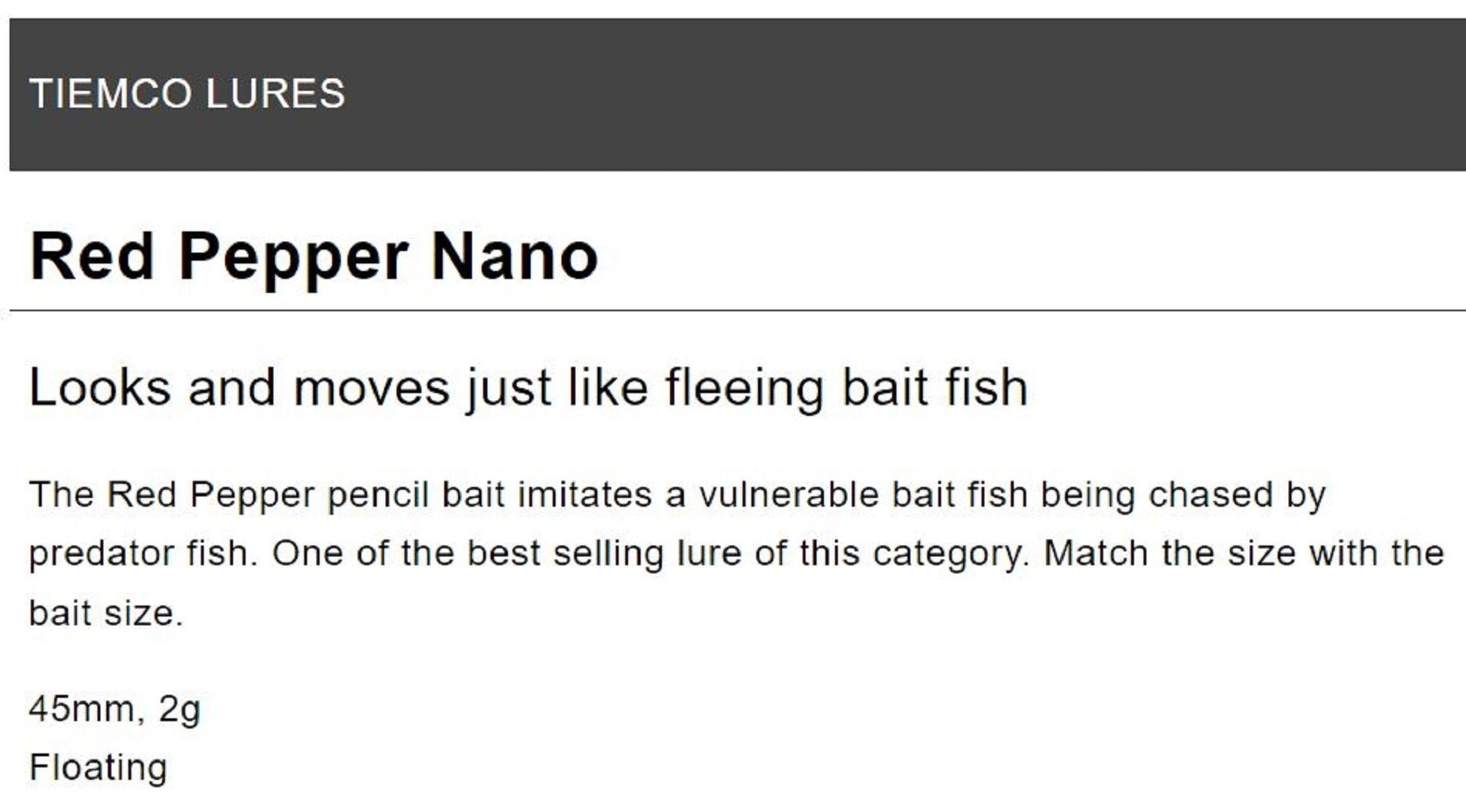 Tiemco Red Pepper Nano 45 mm 2 grams Sinking Lure NANO-514 (6443)