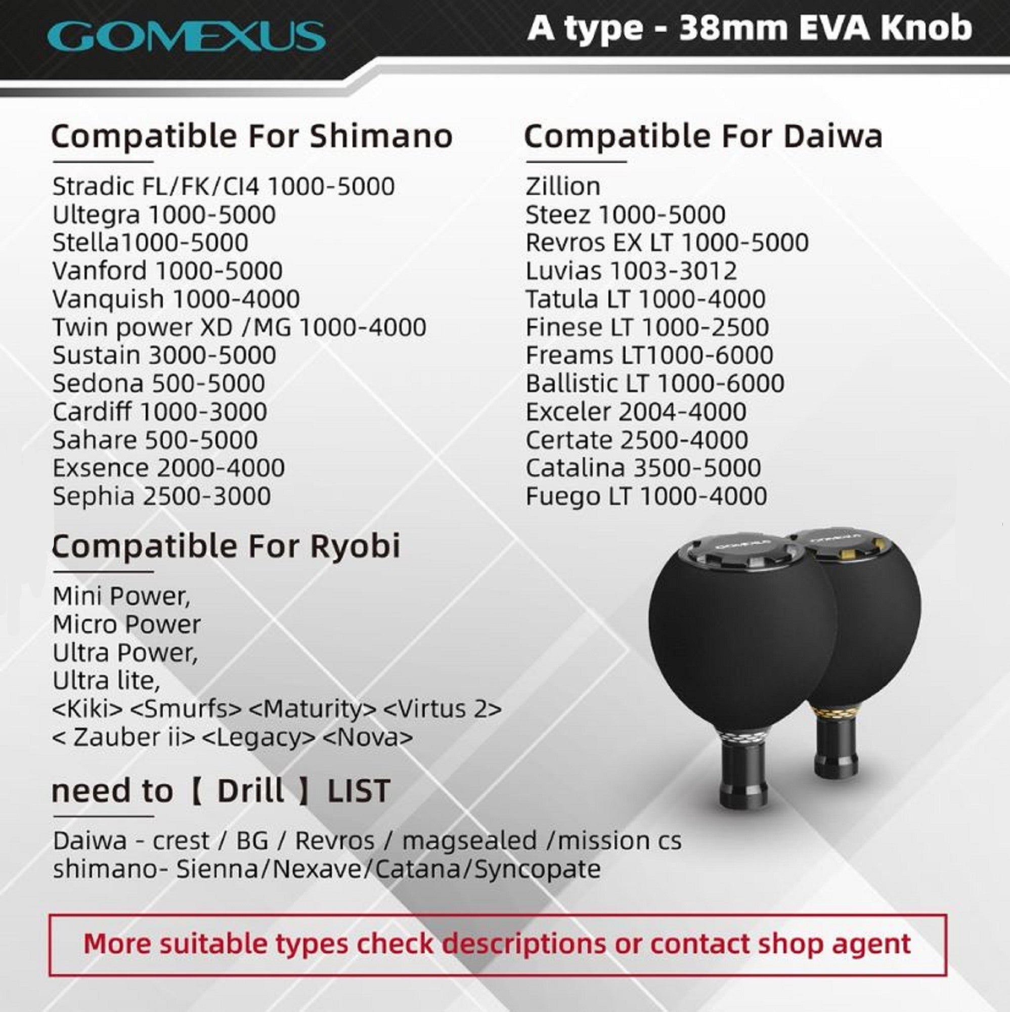 Gomexus EA38BKSR-G Knob EVA Alu Black Silver 38mm Shimano A , S/D (1786)