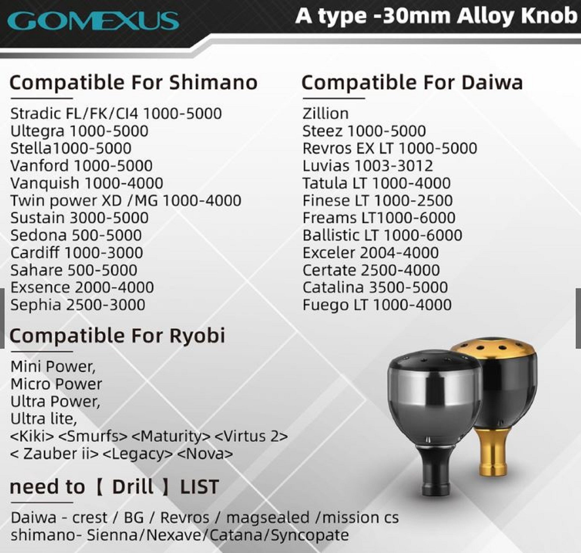 Gomexus K130ASKBK Knob Alu Smoke Black 30mm Shimano A , Daiwa S (2639)