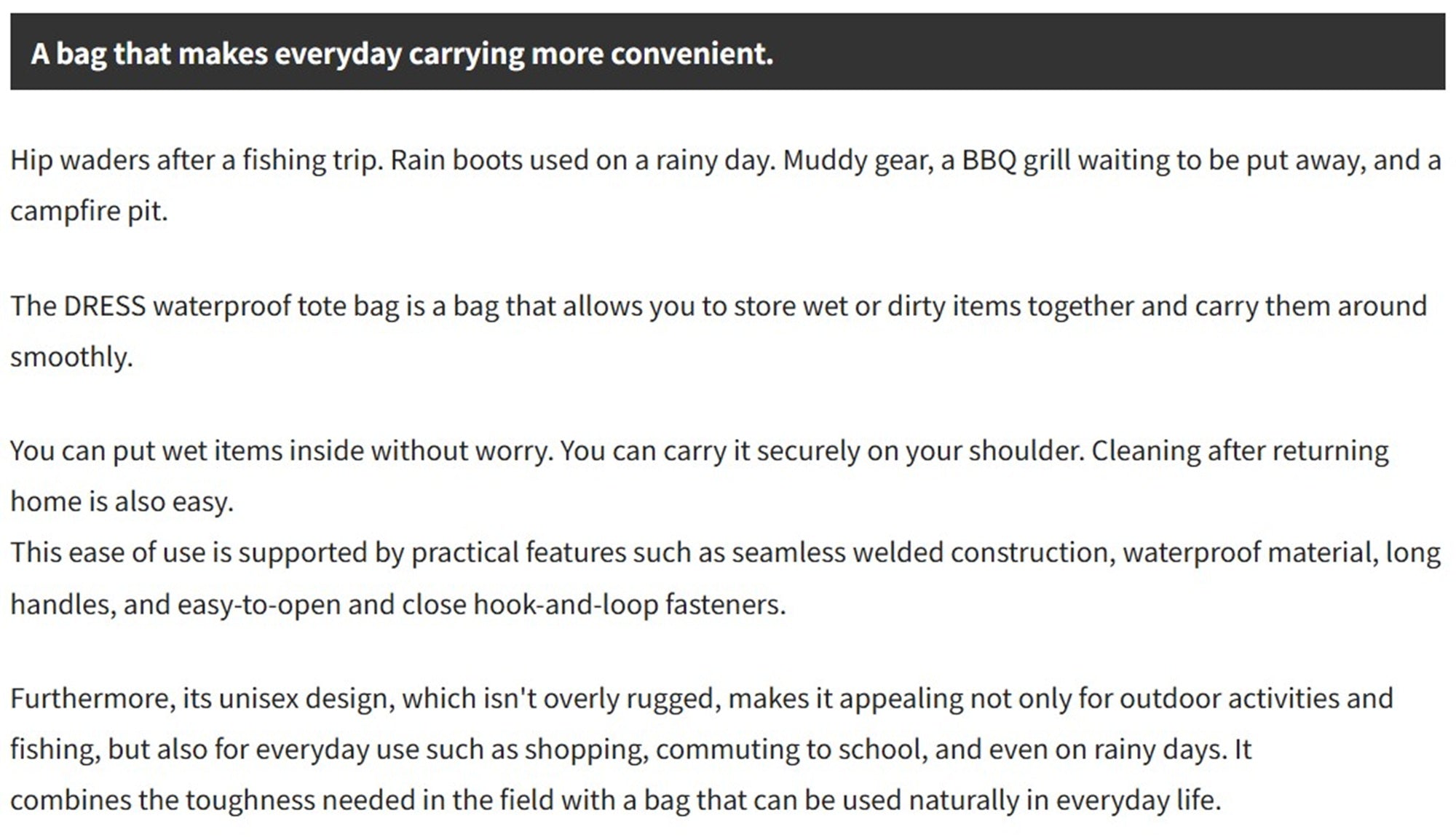 Dress Bag Waterproof Tote Bag 450 x 400 x 100mm Size S Black (7230)