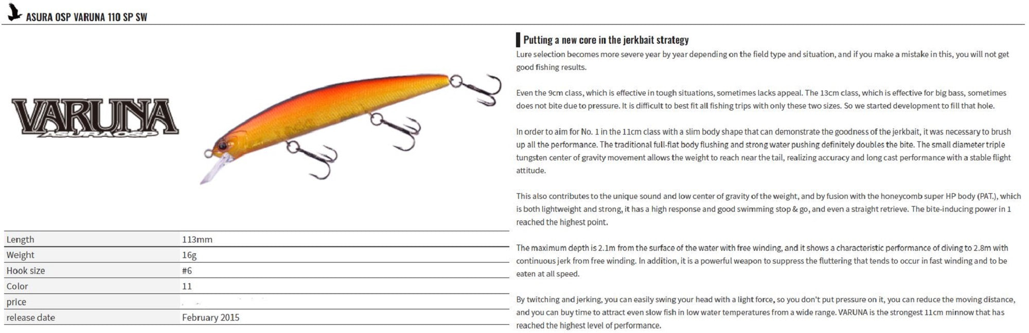 OSP Varuna 110 SP SW Suspend Minnow Lure H-85 (3472)