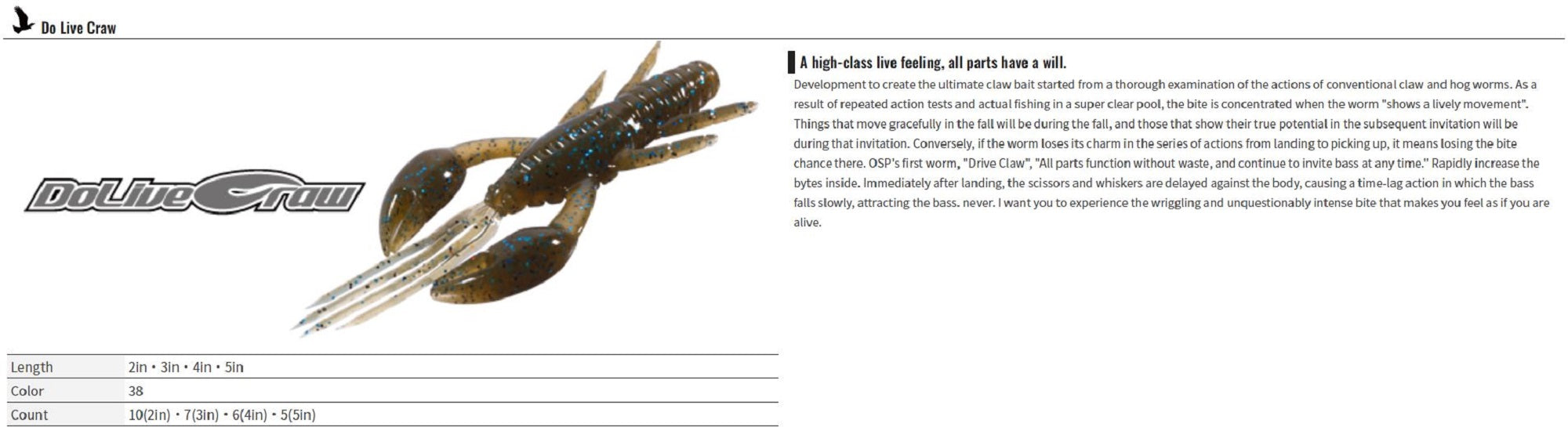 OSP Soft Lure Dolive Craw 3 Inches W016 (7319)