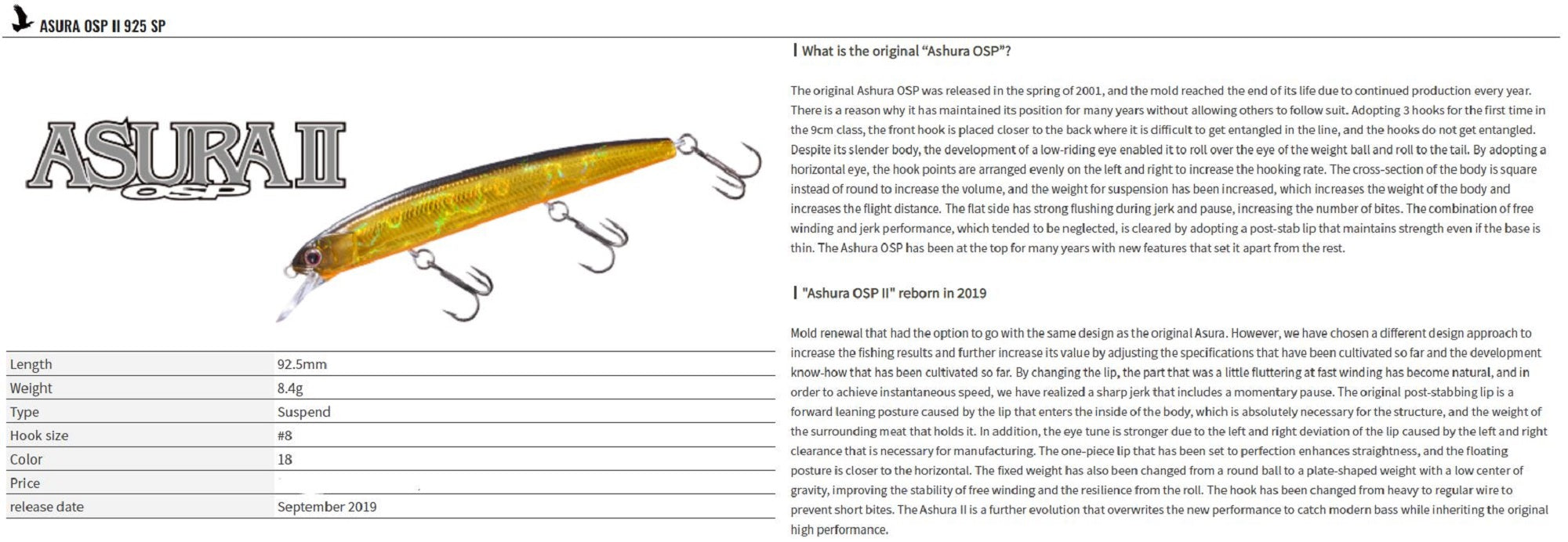 OSP Asura II 92.5 mm 8.4 grams Suspend Lure P-64 (5222)
