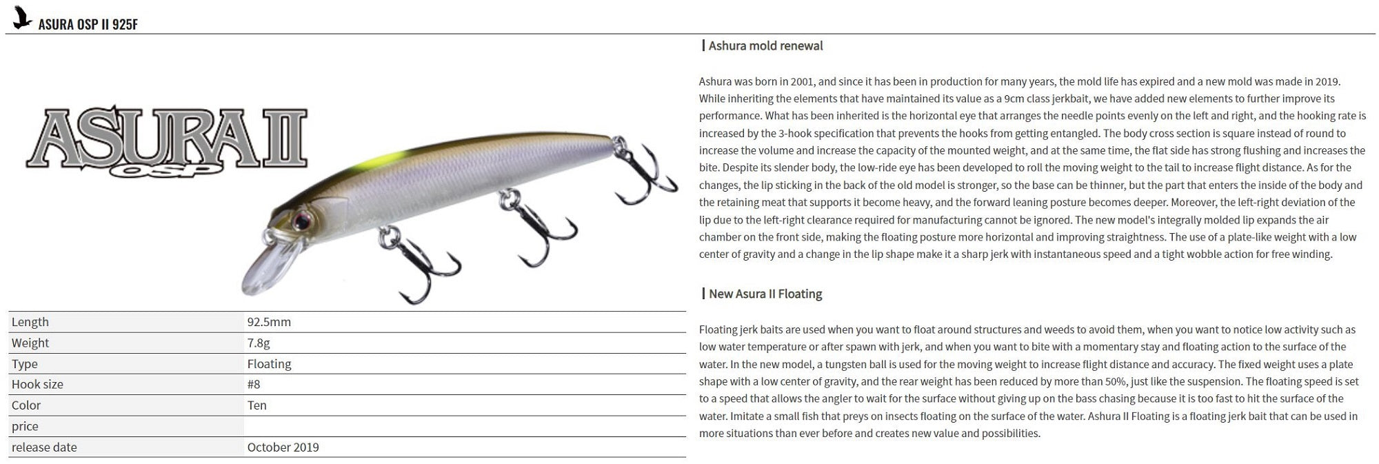 OSP Asura II 92.5 mm 7.8 grams Floating Lure RP-91 (5895)