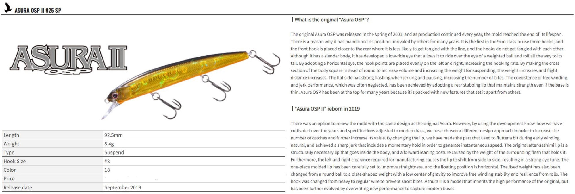 OSP Asura II 92.5 mm 8.4 grams Suspend Lure PGF-48 (7981)