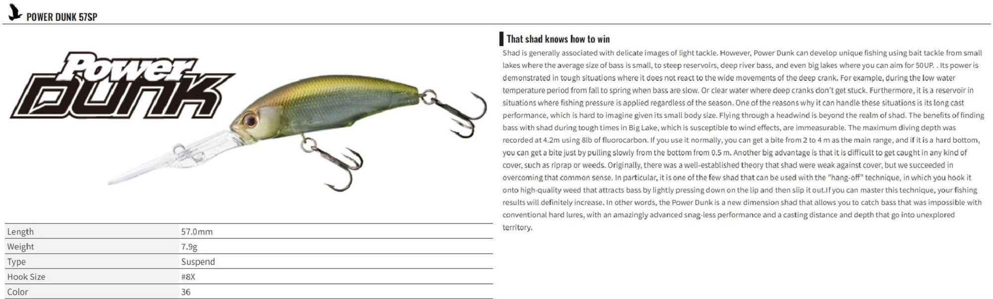 OSP Power Dunk 57 Suspend Deep Diving Minnow Lure MHF-92 (3676)
