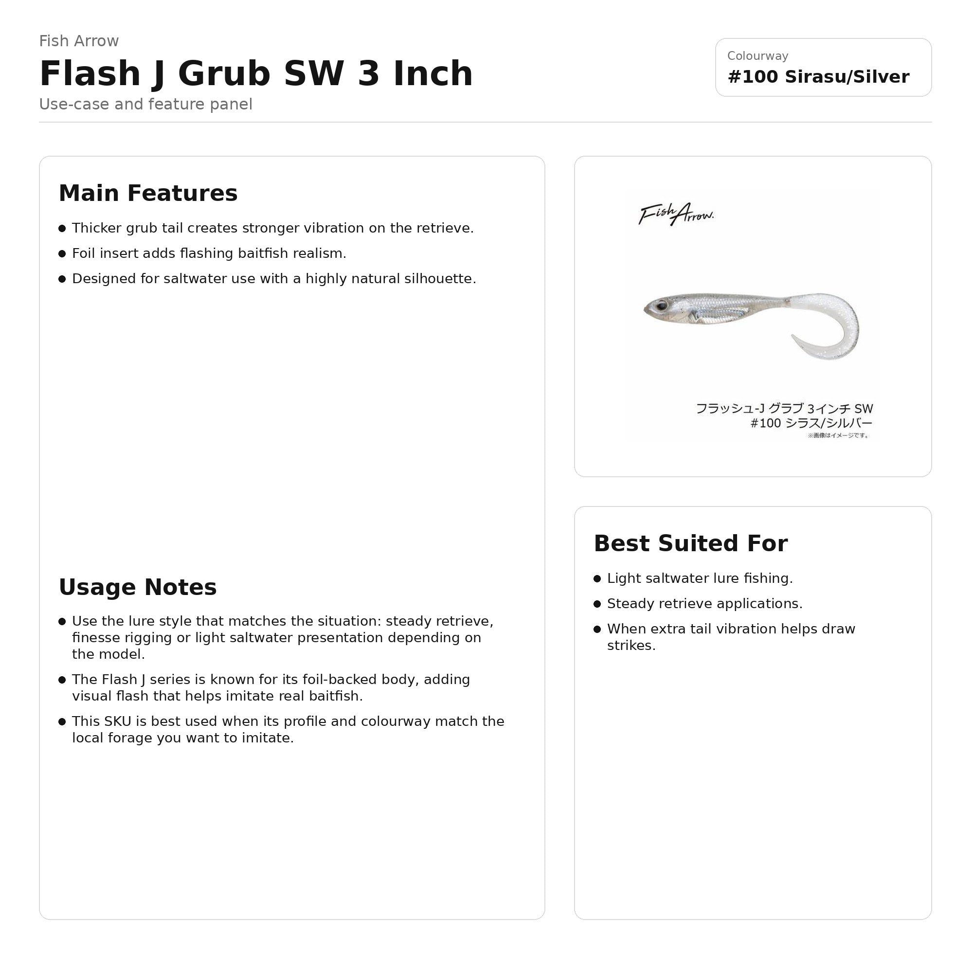 Fish Arrow Soft Lure Flash J Grub SW 3 Inch 5 Piece per pack #100 (1551)