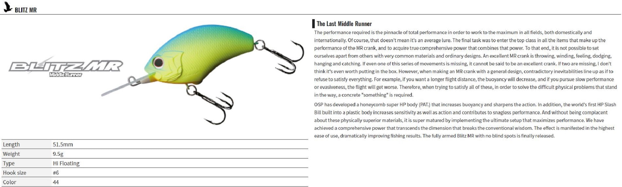 OSP Blitz MR 51.5 mm 9.5 grams Floating Lure P-07 (4094)