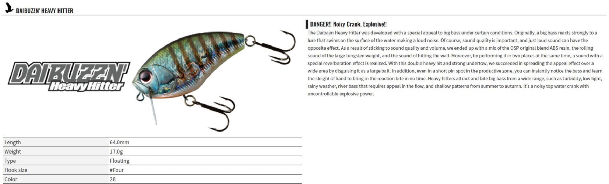 OSP DaiBuzzn' Heavy Hitter 64 mm 17 grams Floating Lure M-07 (6494)