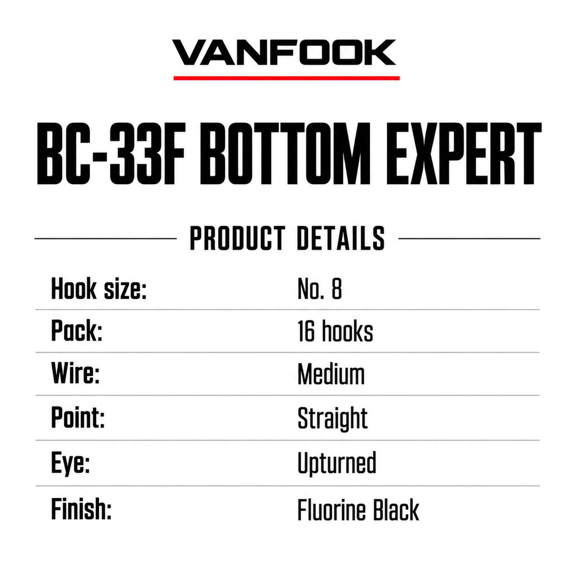Vanfook BC-33F Bottom Expert Hook Size 8, 16/pack Black (9962)