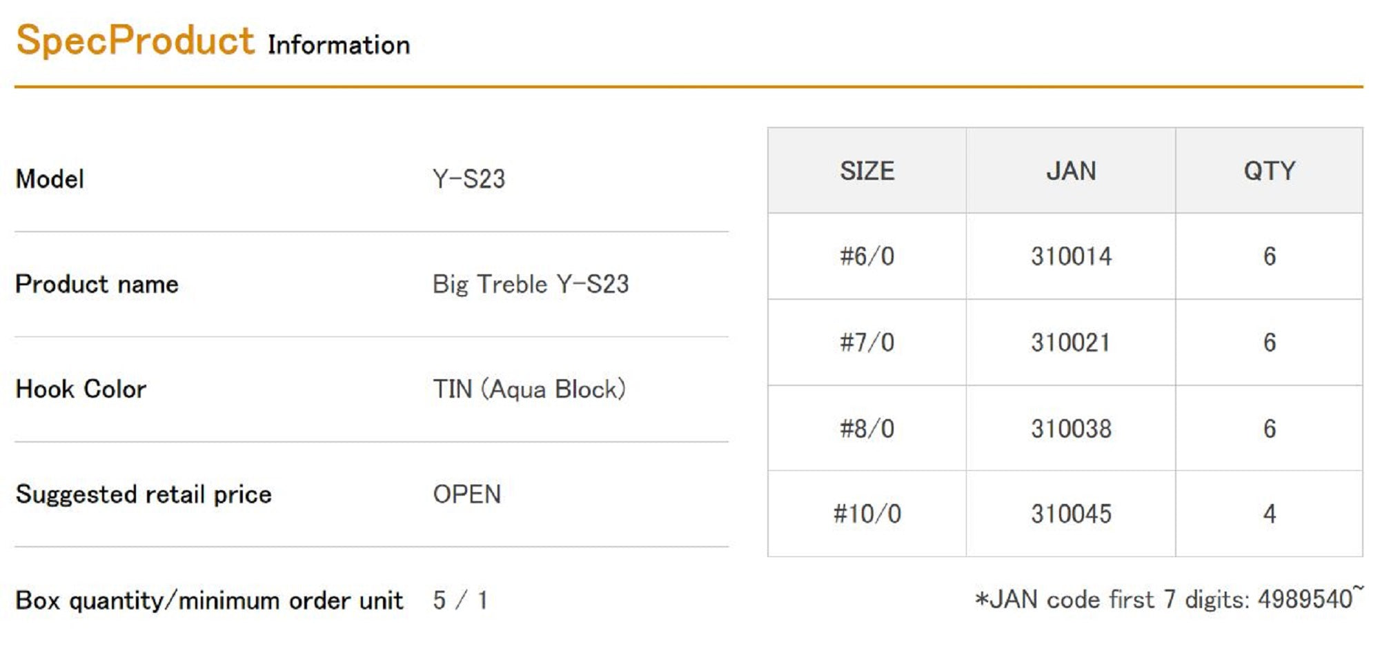 Decoy Y-S23 Treble Hook Heavy Duty Big Size 8/0 (0038)
