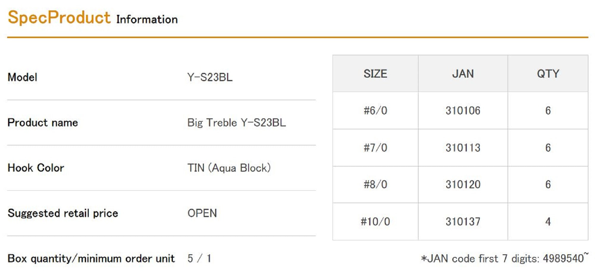 Decoy Y-S23 BL Treble Hook Heavy Duty Barbless Big Size 6/0 (0106)