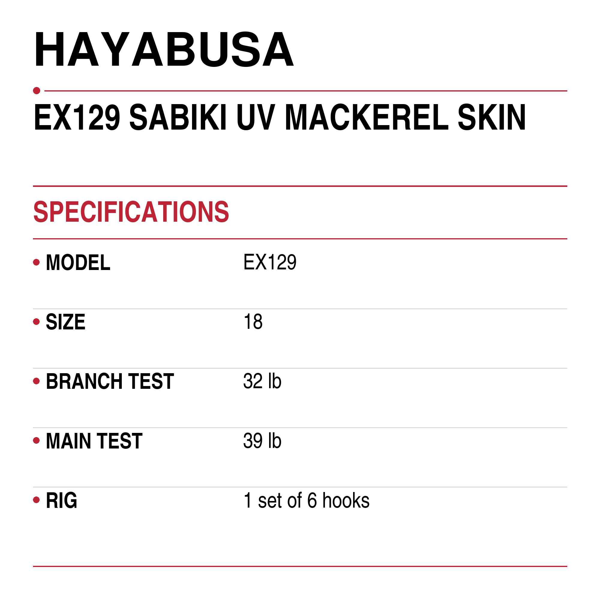 Hayabusa EX129 Sabiki UV Mackerel Skin Size 18 32lb (9149)