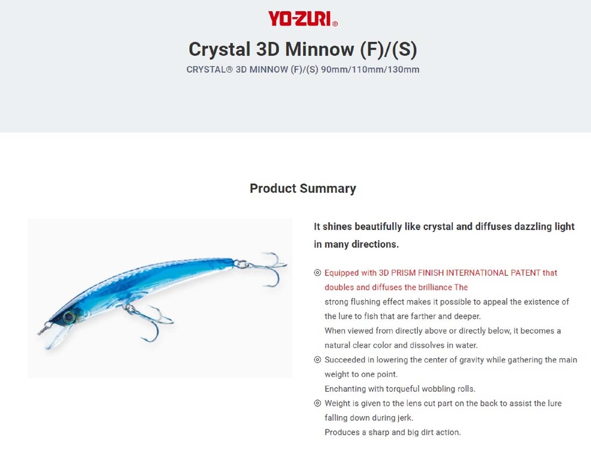 Yo Zuri 3D Crystal Minnow 110 mm Sinking Lure F1149-C44 (6133)