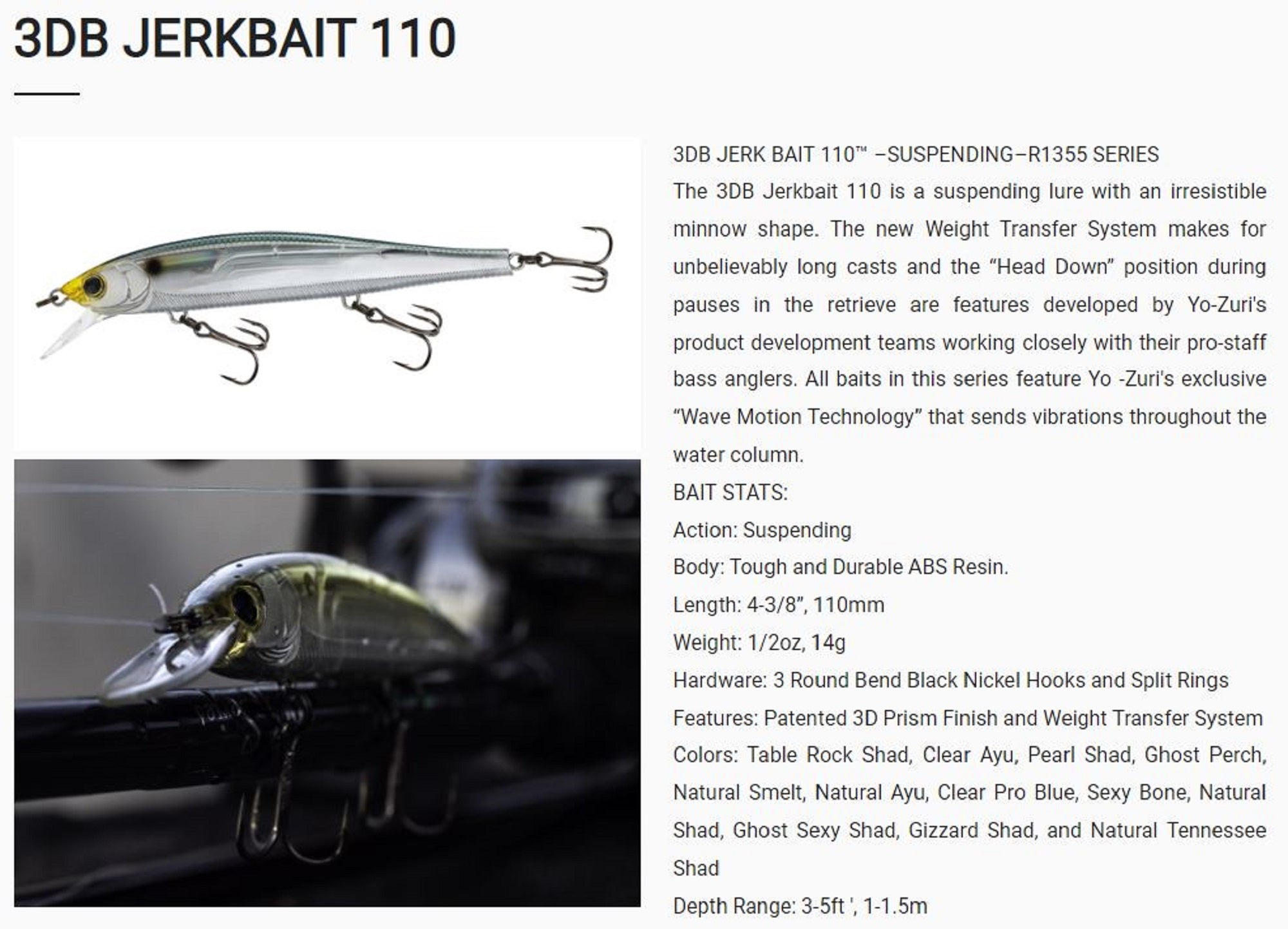 Yo Zuri Duel 3DB Jerkbait 110 mm Suspend Lure R1355-TAY (5138)