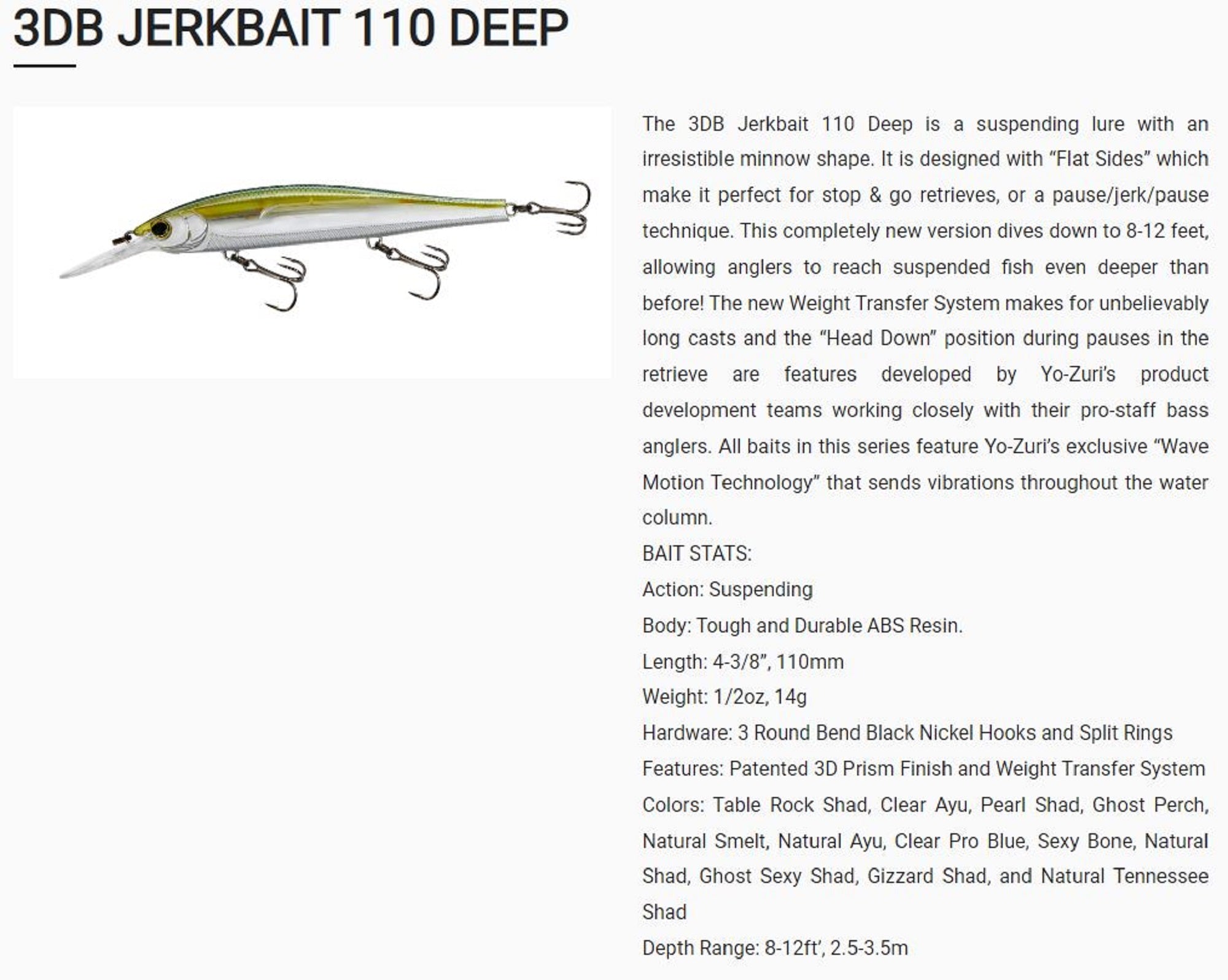 Yo Zuri Duel 3DB Jerkbait Deep 110 mm Suspend Lure R1372-PLSH (5220)