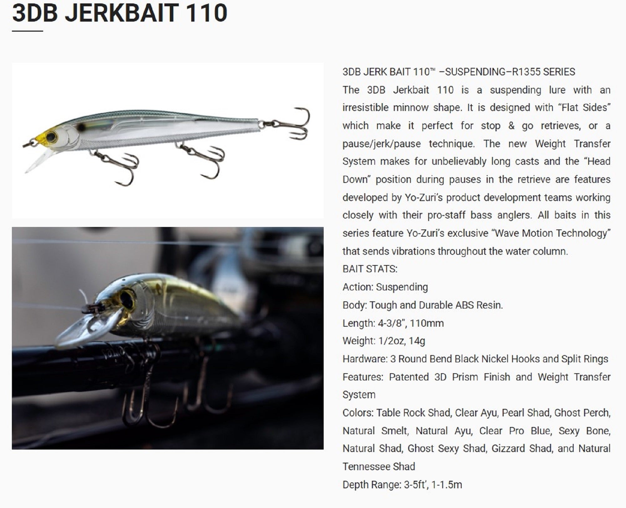 Yo Zuri Duel 3DB Jerkbait 110 mm Suspend Lure R1355-BTRS (2204)