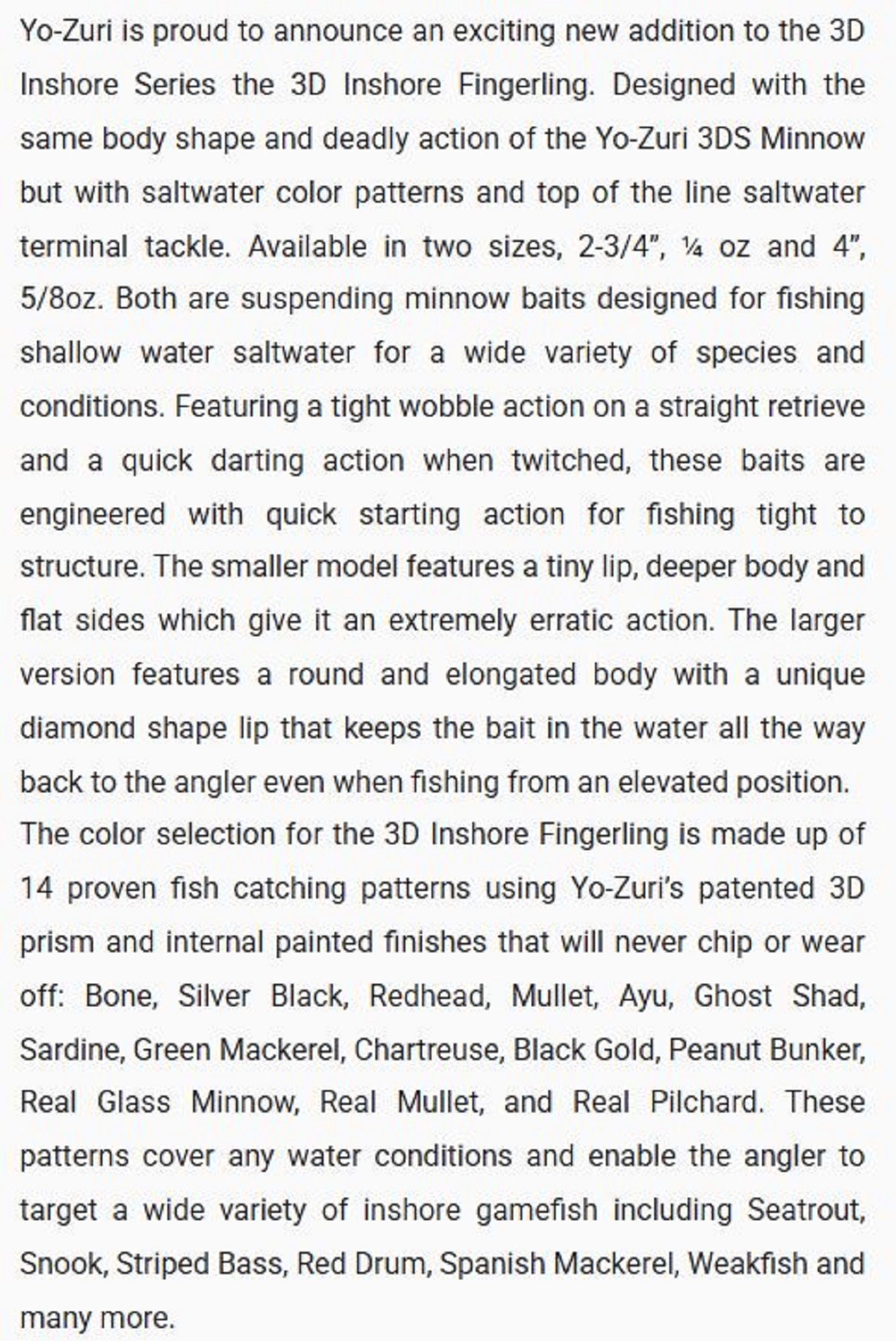 Yo Zuri Duel 3D Inshore Fingerling 70SP Suspend Lure R1409-PL (8440)