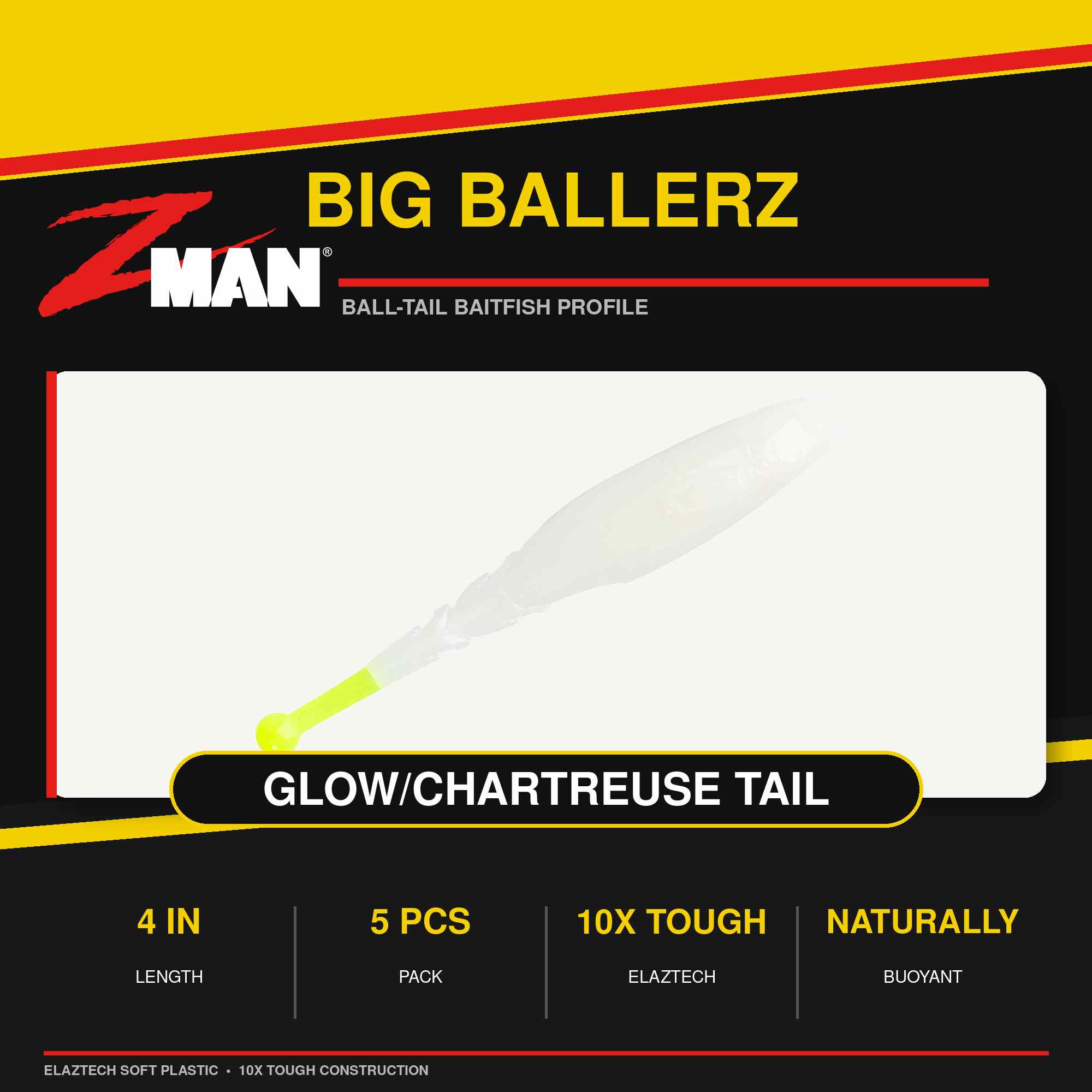 Zman Soft Lure Big BallerZ 4 Inch 5/Pack Glow Chart Tail (9446)