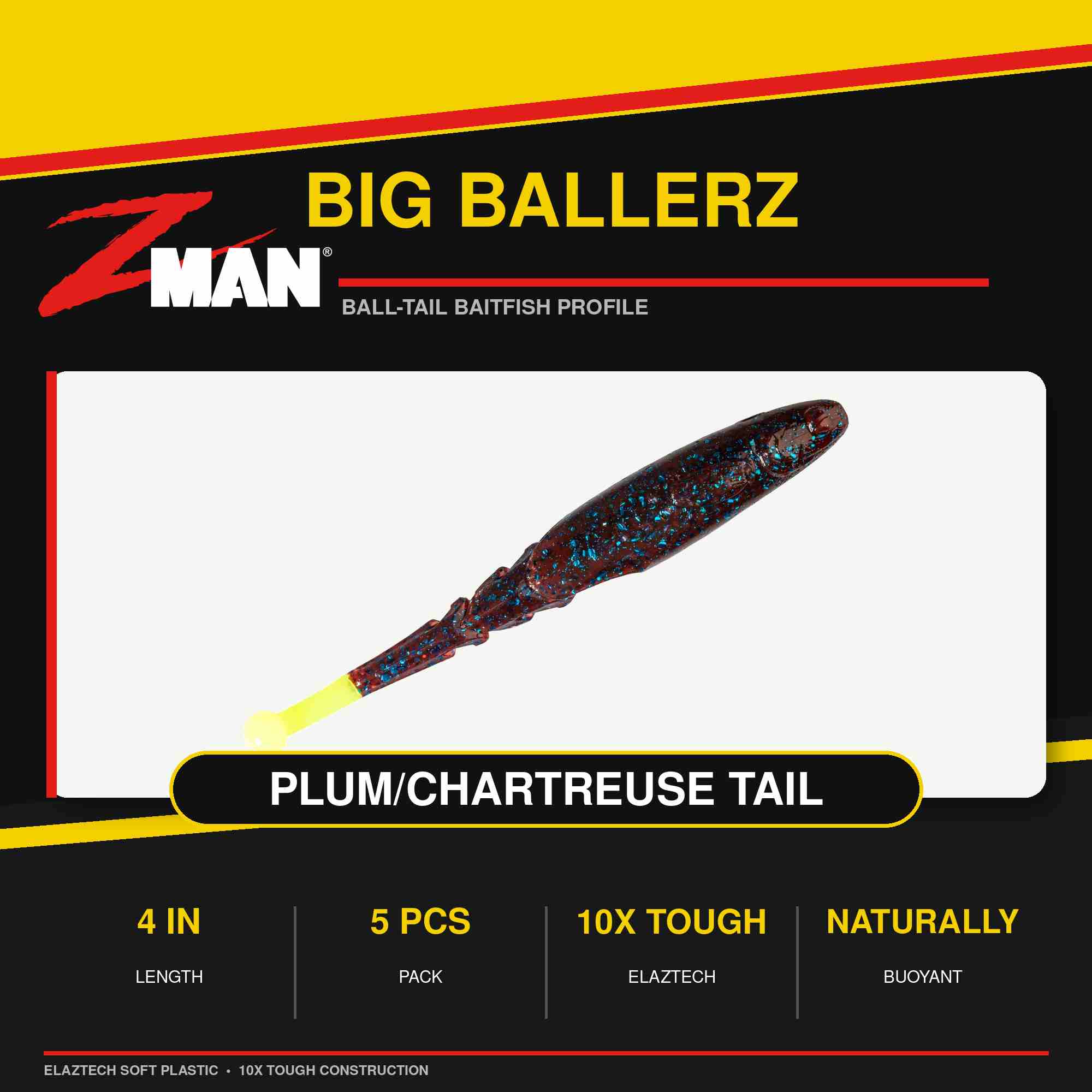 Zman Soft Lure Big BallerZ 4 Inch 5/Pack Plum Chart Tail (9453)