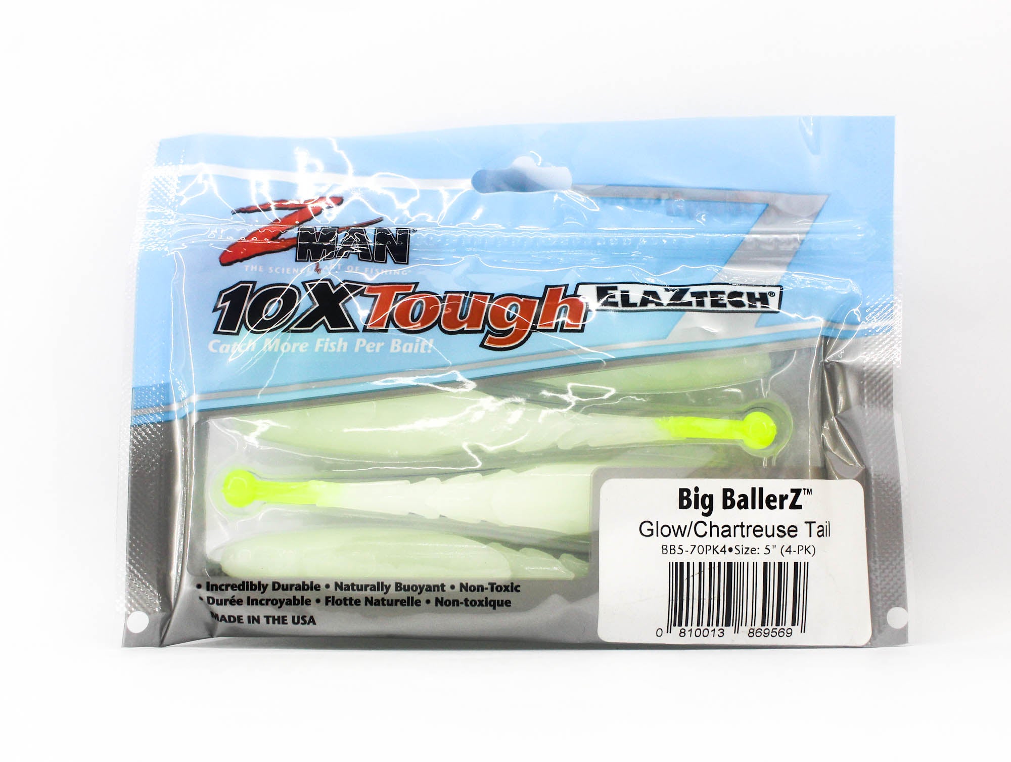 Zman Soft Lure Big BallerZ 5 Inch 4/Pack Glow Chart Tail (9569)