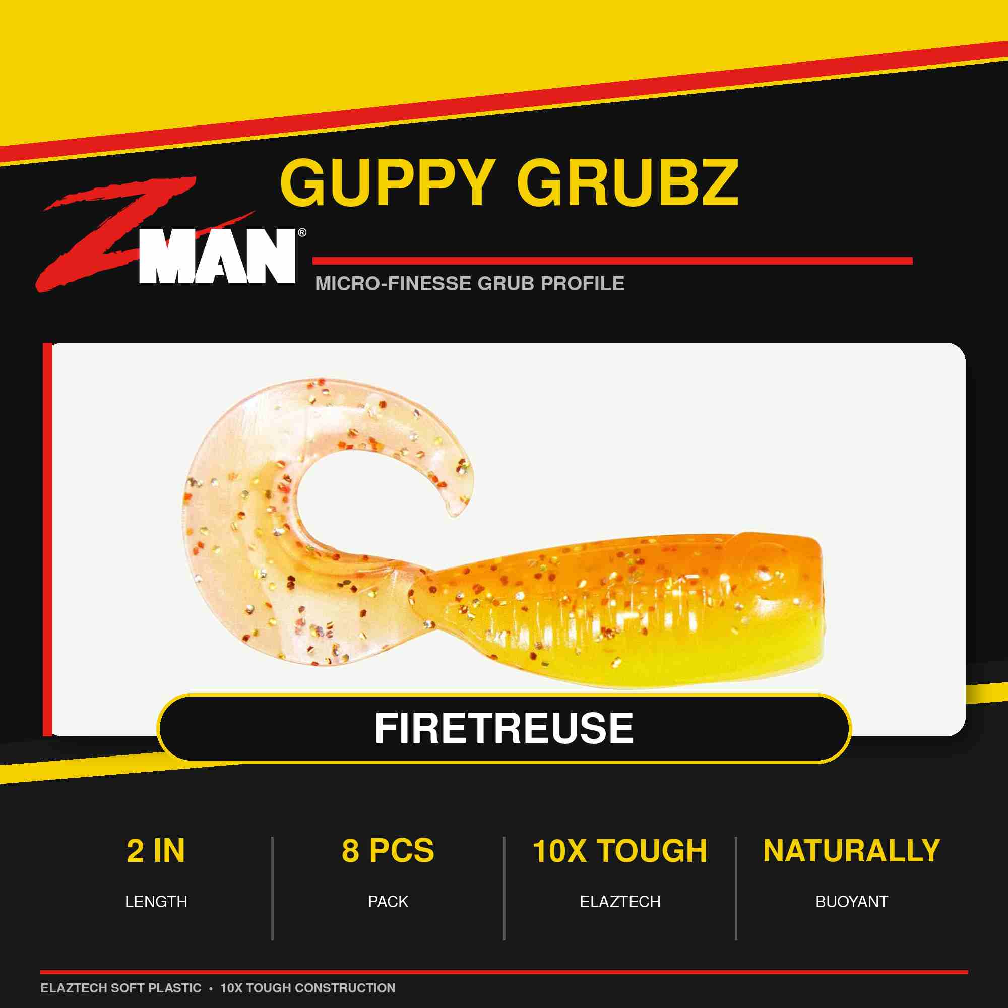 Zman Soft Lure Guppy GrubZ 2 Inch 8/Pack Firetreuse (9927)