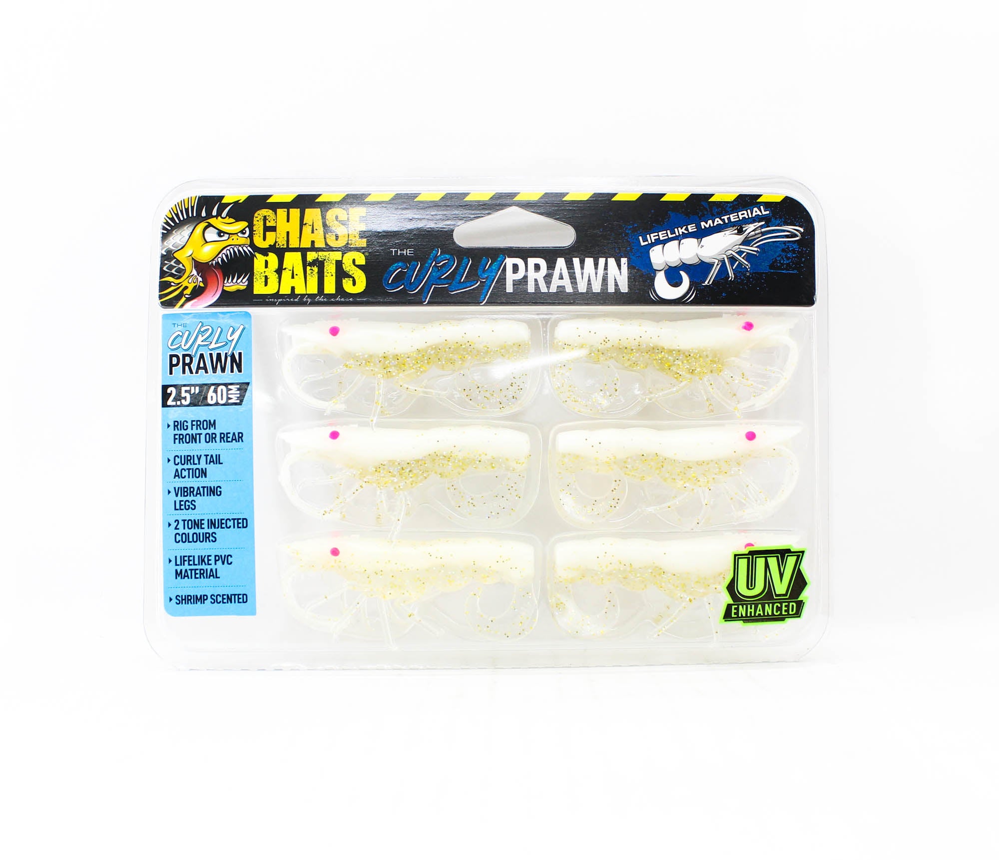 Chasebaits Curly Prawn 60 mm Sinking Lure 6/Pack Milk Flash (4396)