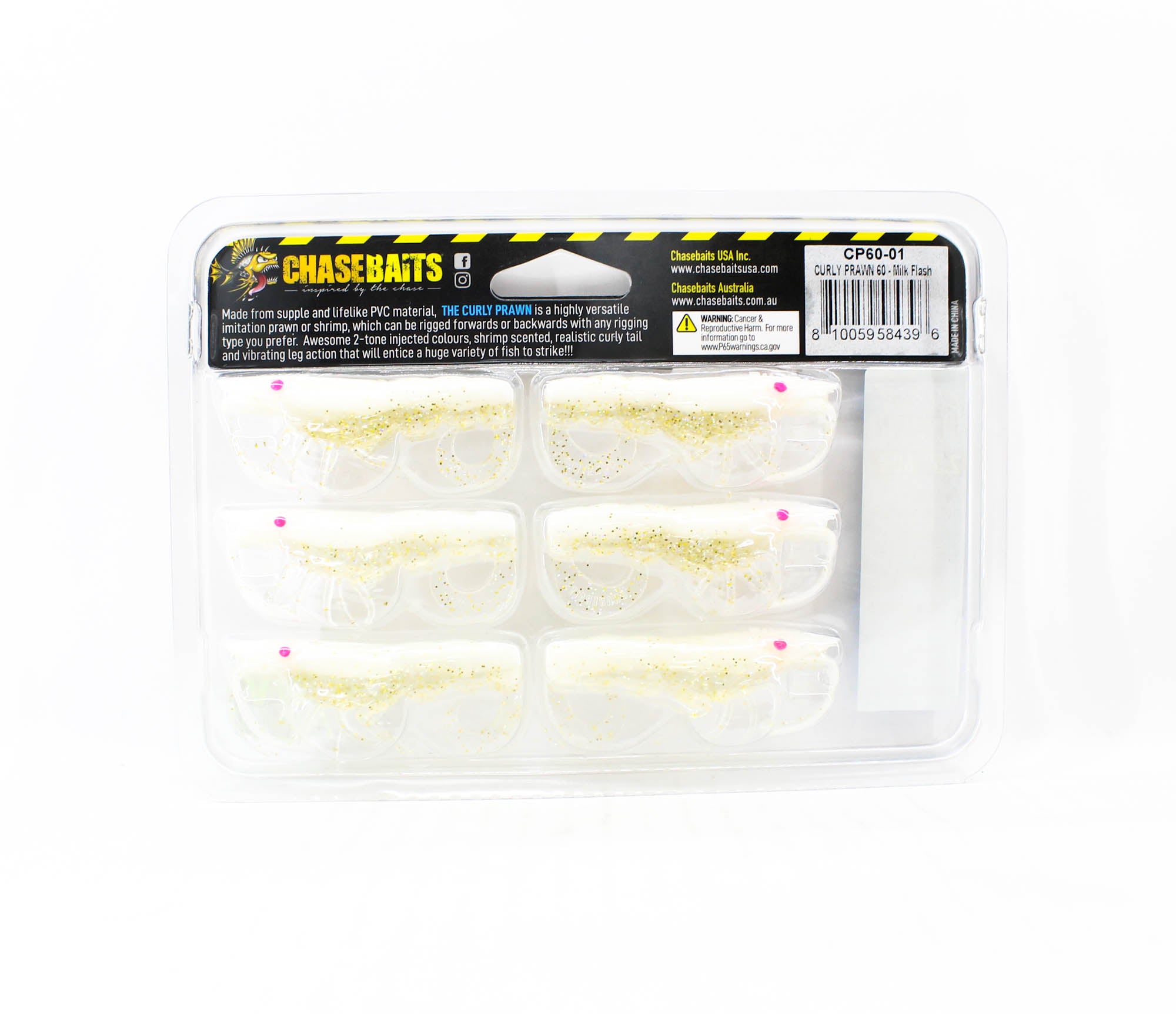 Chasebaits Curly Prawn 60 mm Sinking Lure 6/Pack Milk Flash (4396)