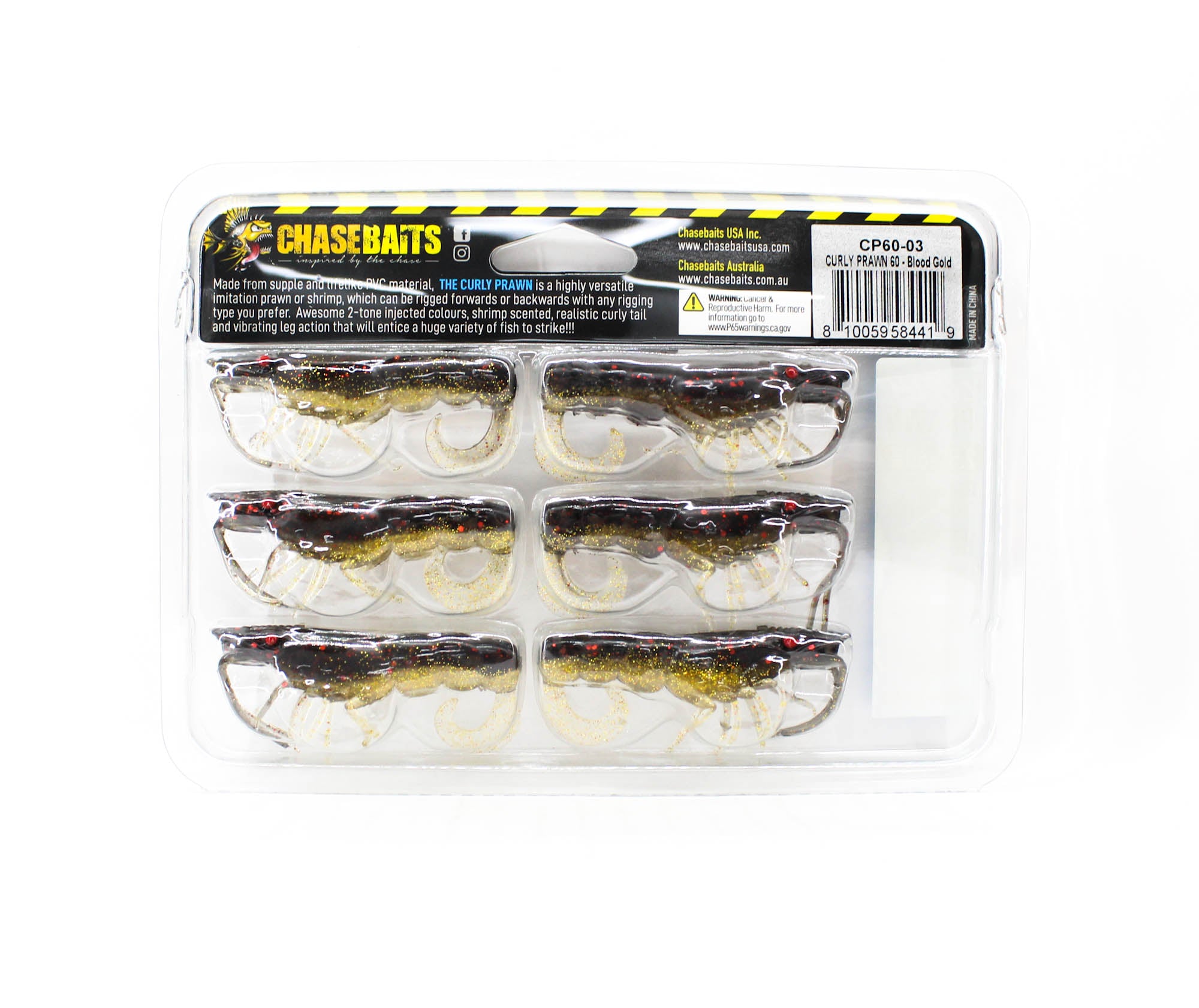 Chasebaits Curly Prawn 60 mm Sinking Lure 6/Pack Blood Gold (4419)