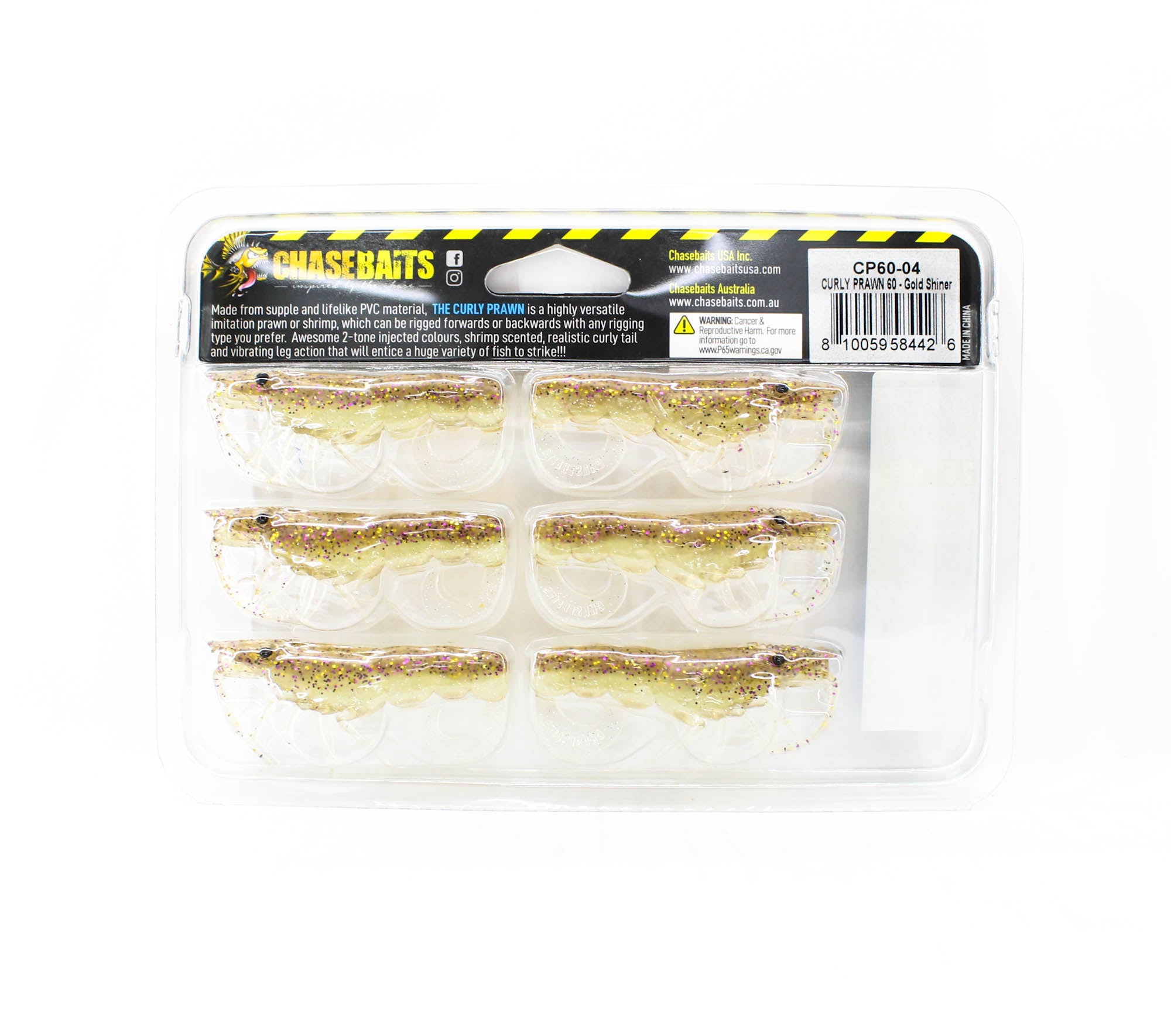 Chasebaits Curly Prawn 60 mm Sinking Lure 6/Pack Gold Shiner (4426)
