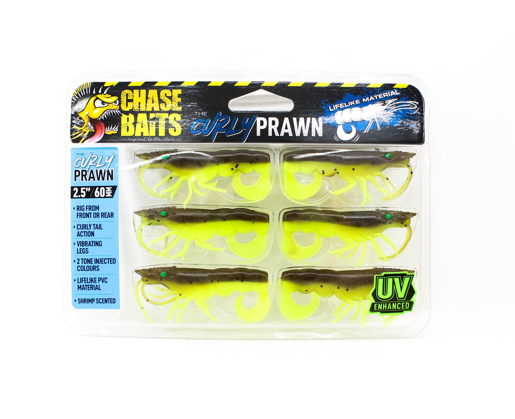 Chasebaits Curly Prawn 60 mm Sinking Lure 6/Pack Lime Tiger (4440)