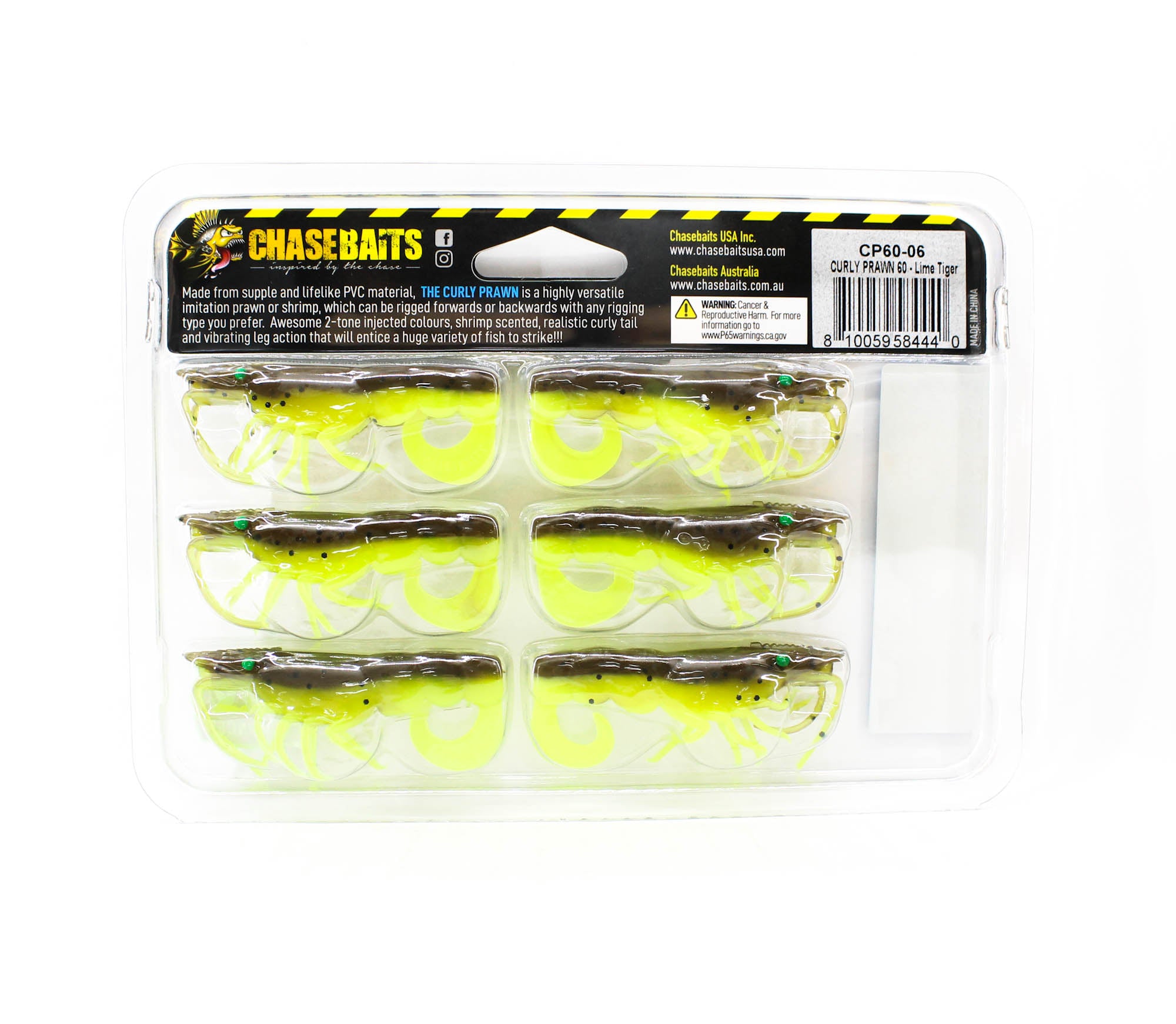 Chasebaits Curly Prawn 60 mm Sinking Lure 6/Pack Lime Tiger (4440)