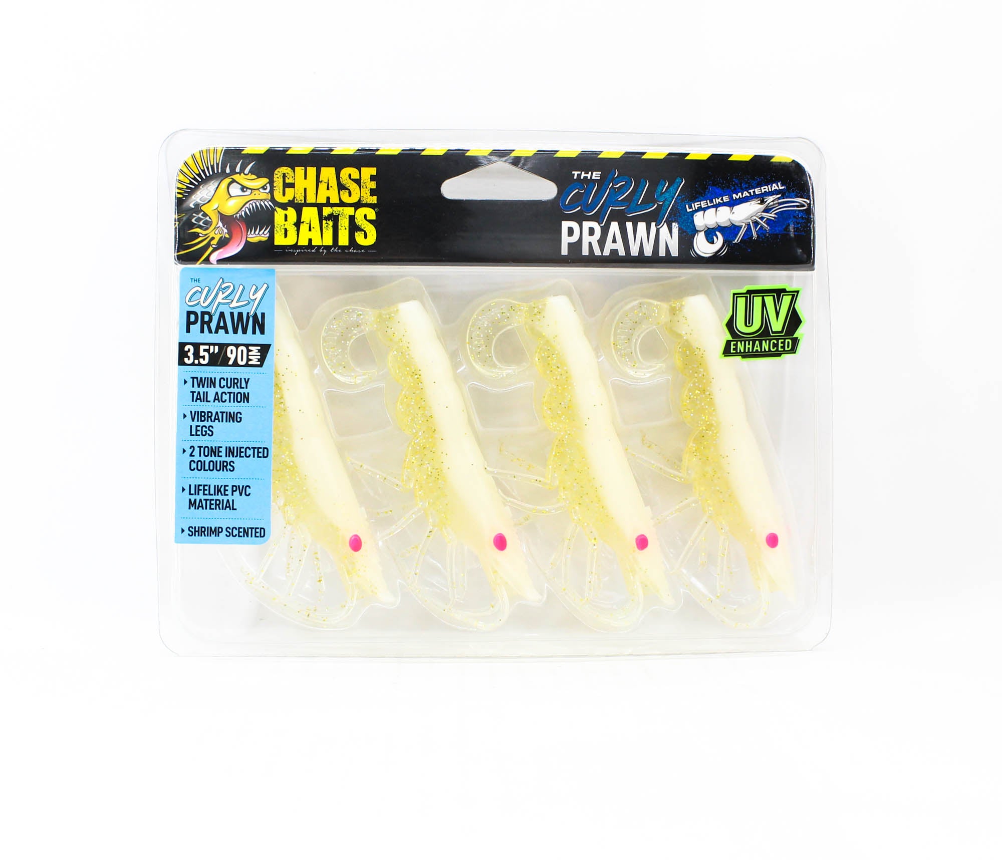 Chasebaits Curly Prawn 90 mm Sinking Lure 4/Pack Milk Flash (4471)