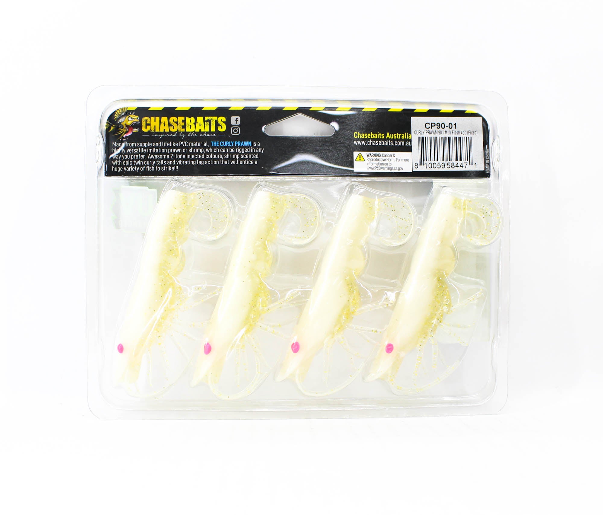 Chasebaits Curly Prawn 90 mm Sinking Lure 4/Pack Milk Flash (4471)
