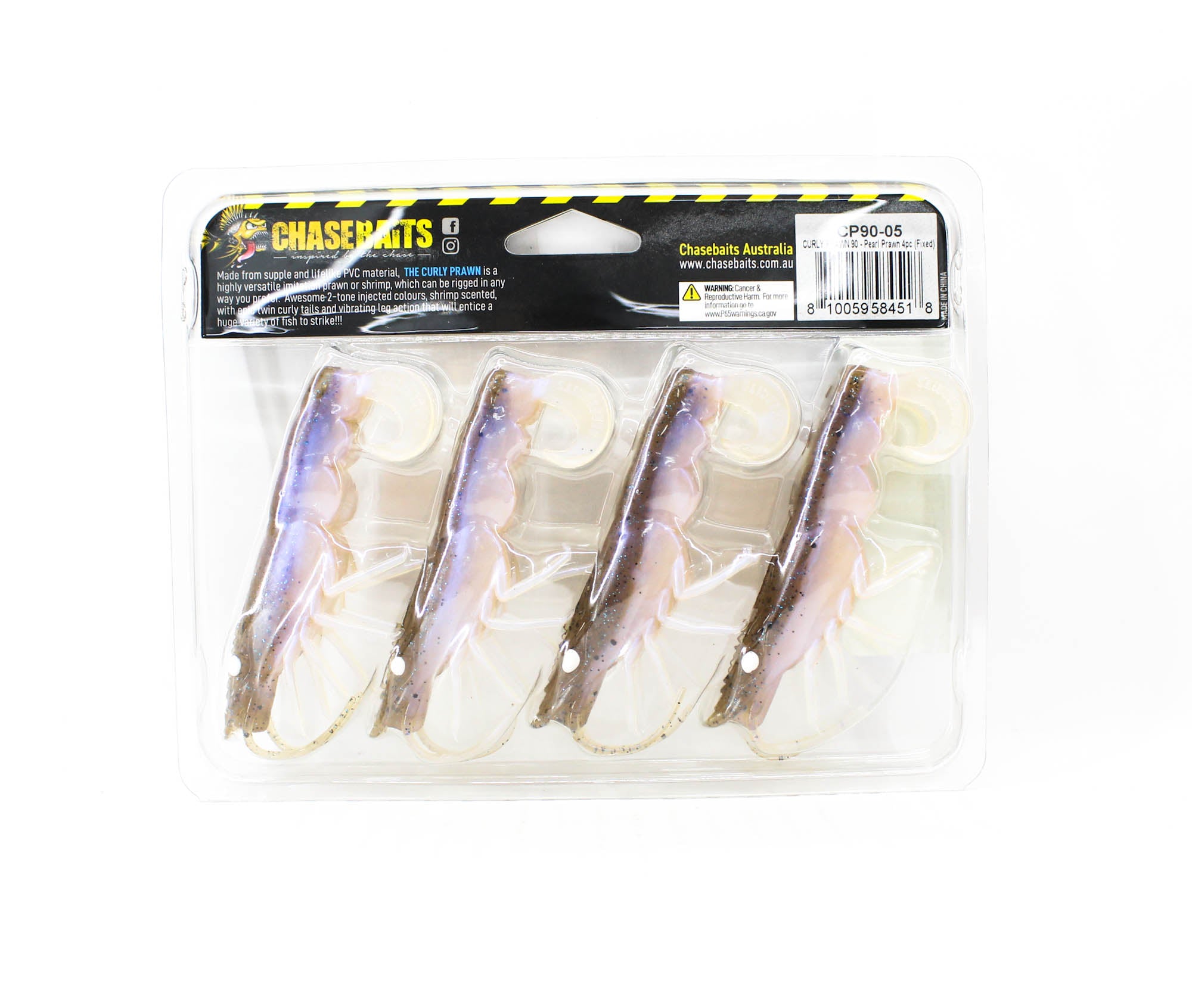 Chasebaits Curly Prawn 90 mm Sinking Lure 4/Pack Pearl Prawn (4518)