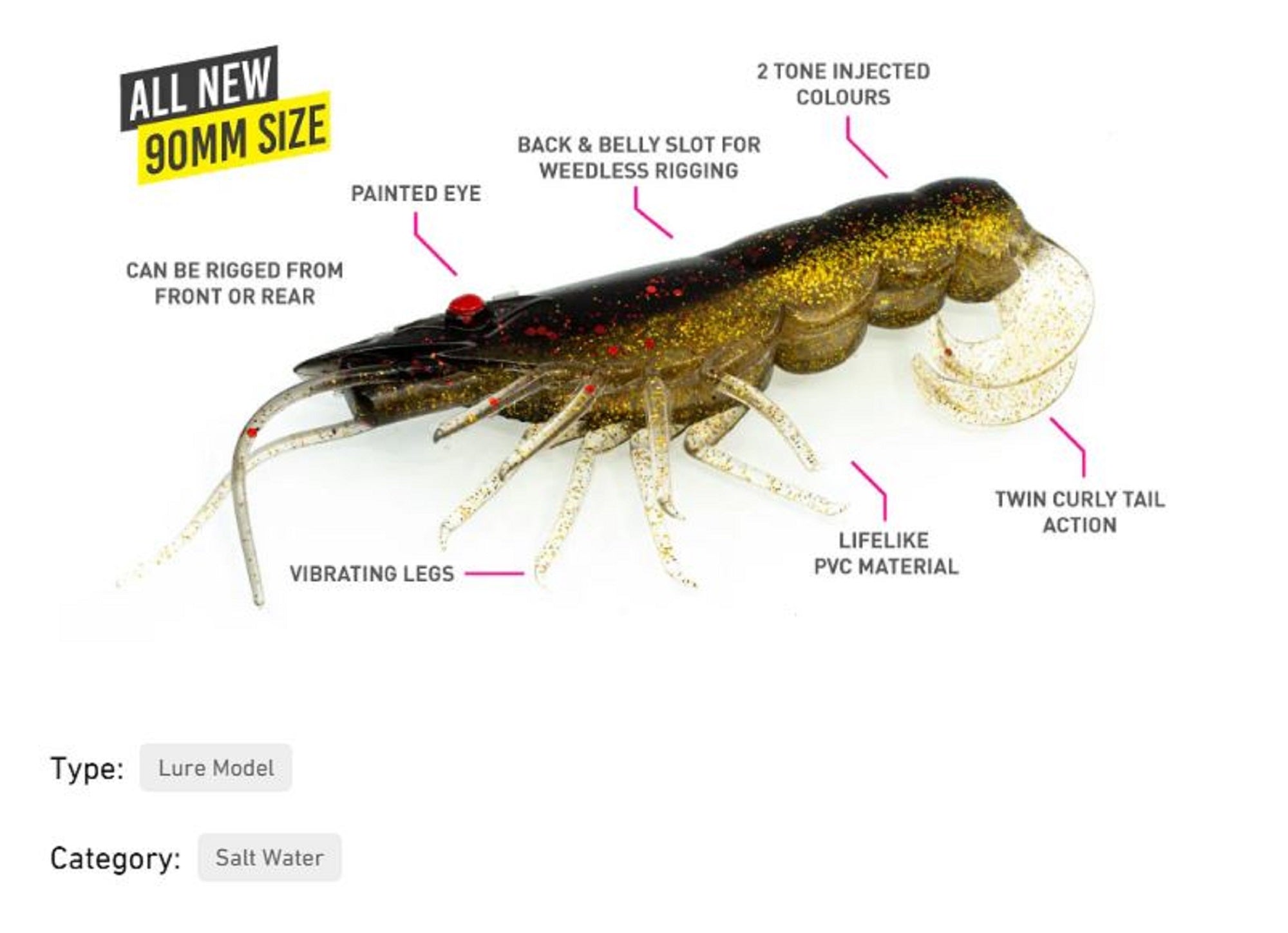 Chasebaits Curly Prawn 90 mm Sinking Lure 4/Pack Pearl Prawn (4518)