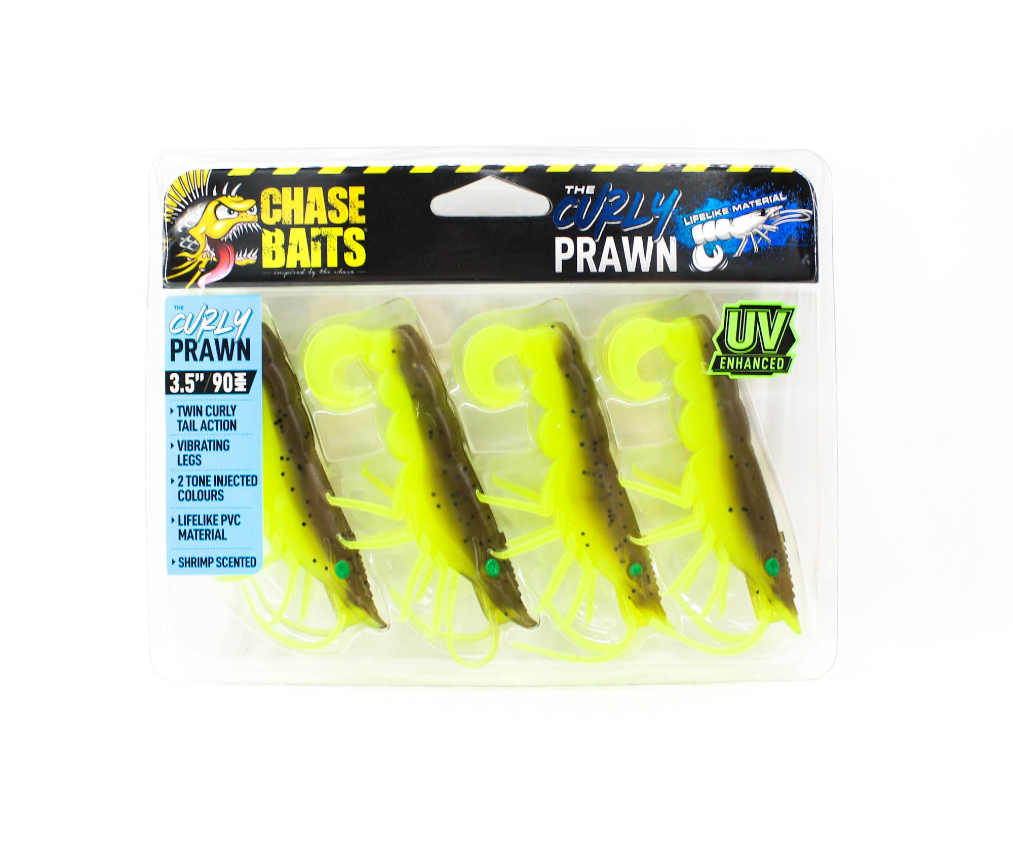 Chasebaits Curly Prawn 90 mm Sinking Lure 4/Pack Lime Tiger (4525)