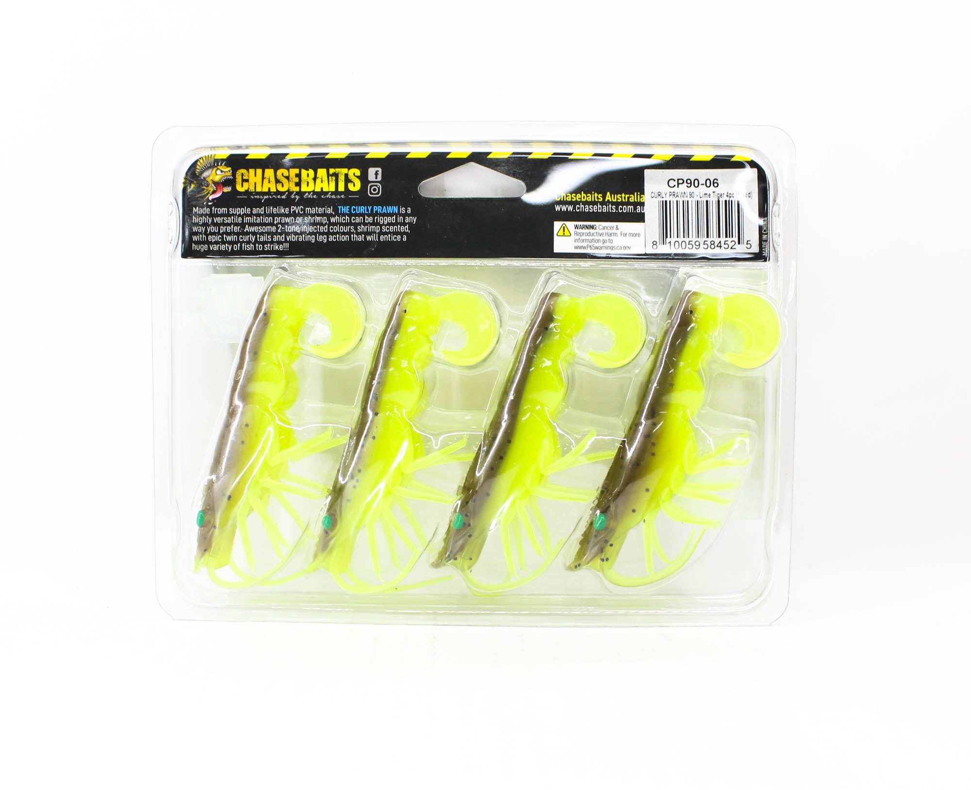Chasebaits Curly Prawn 90 mm Sinking Lure 4/Pack Lime Tiger (4525)