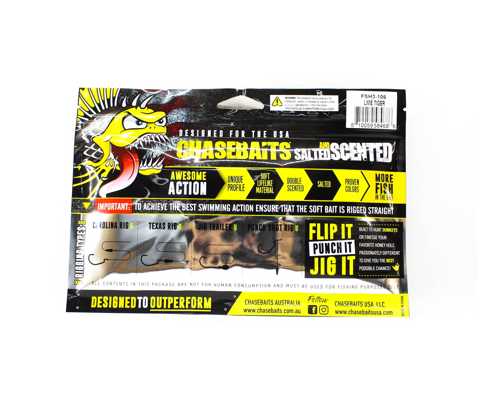 Chasebaits Flacid Shad 3inch Soft Lure 7/Pack Lime Tiger (4686)
