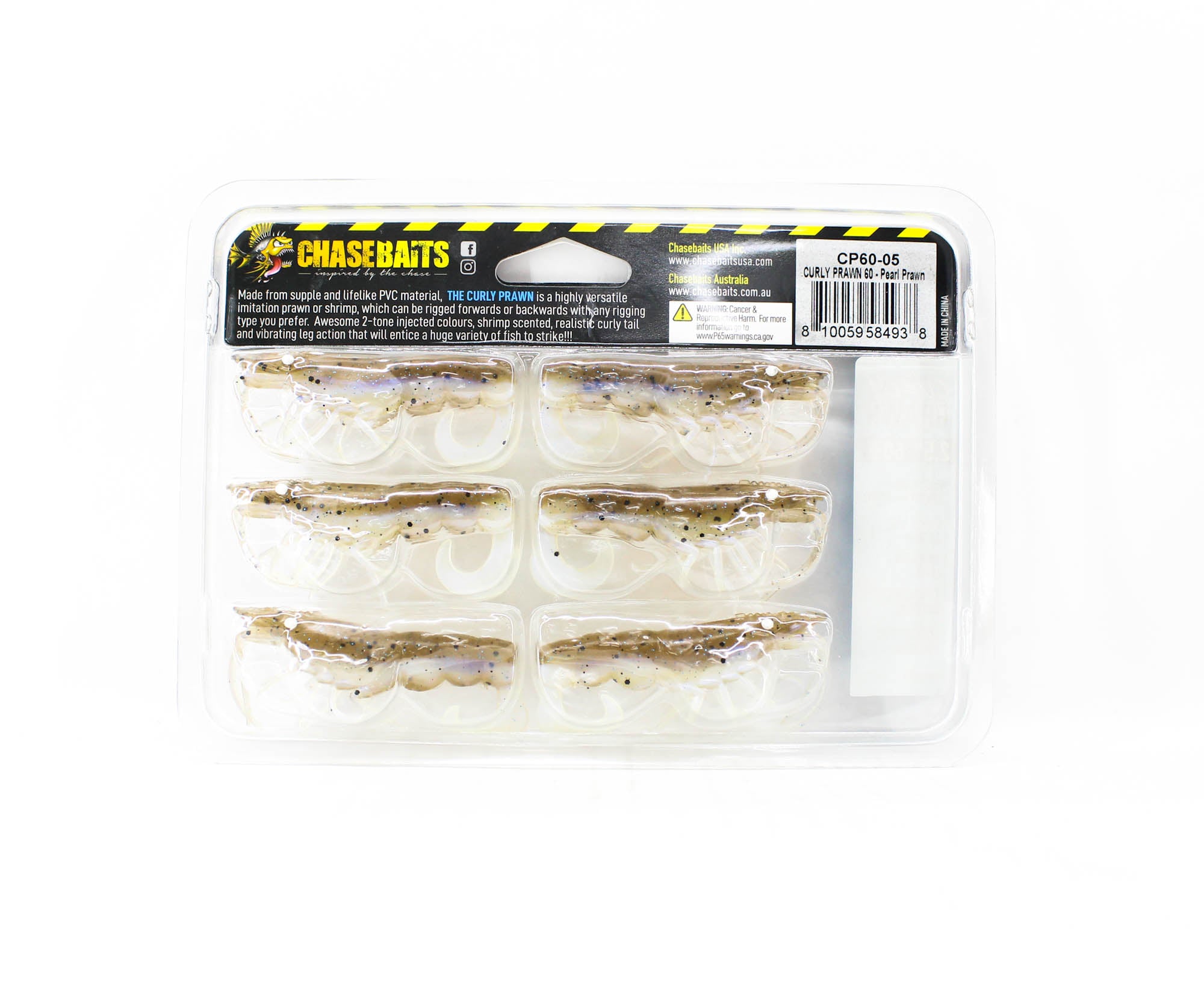 Chasebaits Curly Prawn 60 mm Sinking Lure 6/Pack Pearl Prawn (4938)