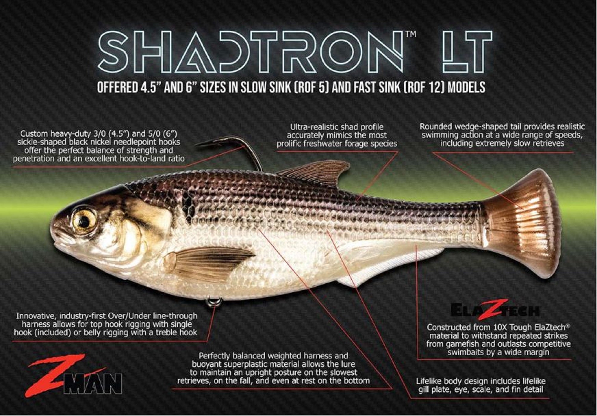 Zman Soft Lure Shadtron LT Swimbait 4.5 Inch Mossback (0455)