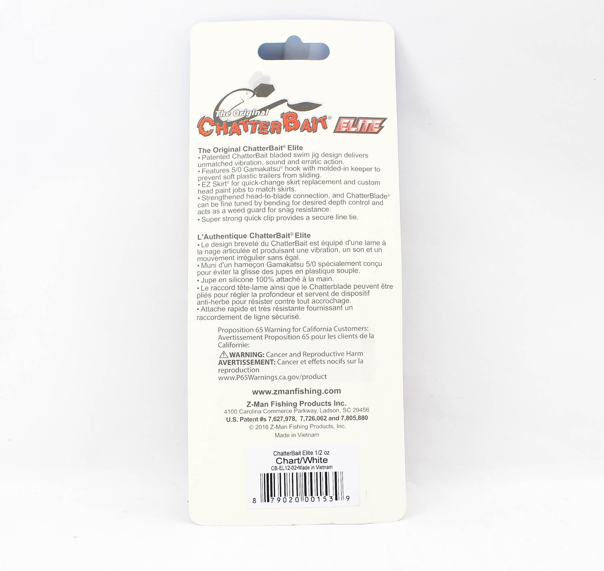 Zman Chatterbait Elite 1/2 oz Sinking Lure Chart White (1539)