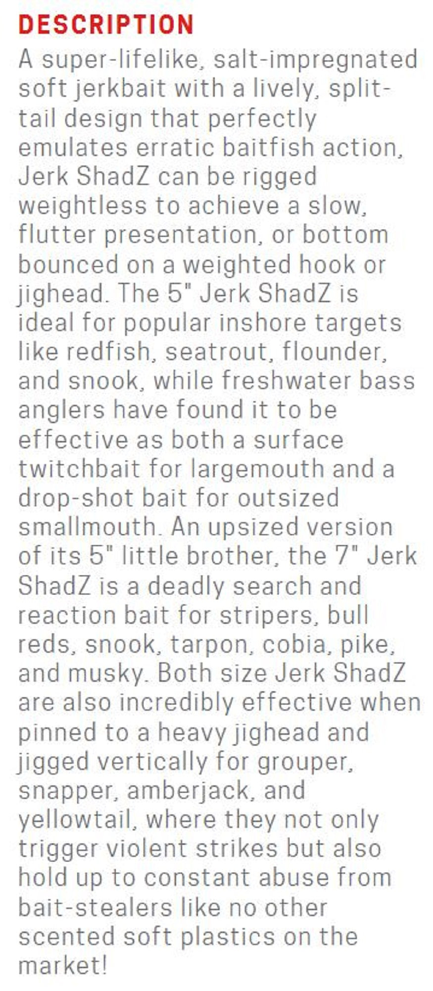 Zman Soft Lure Jerk ShadZ Scented 5 Inch 5/Pack Red Bone (0273)