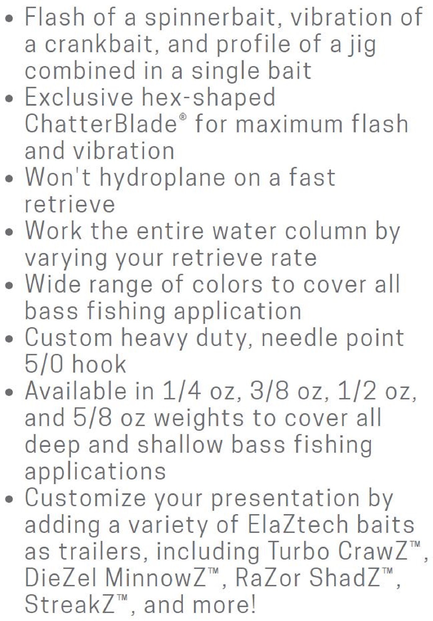 Zman Chatterbait 1/2 oz Sinking Lure Chart (0171)